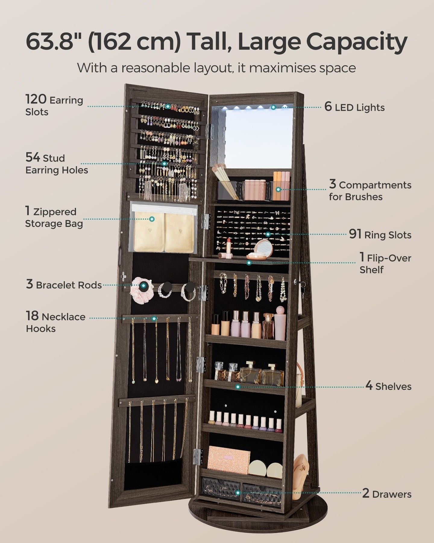 Jewellery Cabinet - MDF - Rustic Brown - Full-Length Mirror with 360° Swivel and Lockable Storage