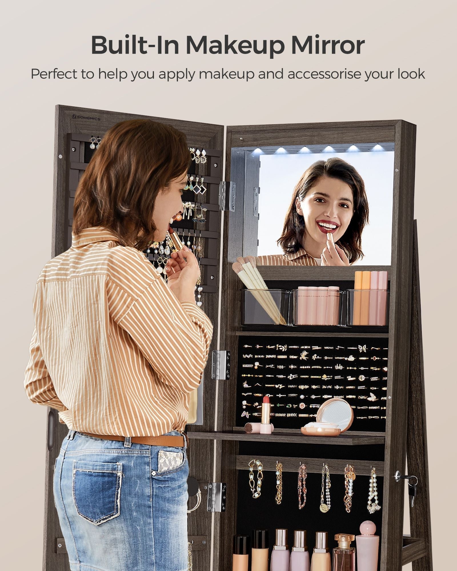 Jewellery Cabinet - MDF - Rustic Brown - Full-Length Mirror with 360° Swivel and Lockable Storage
