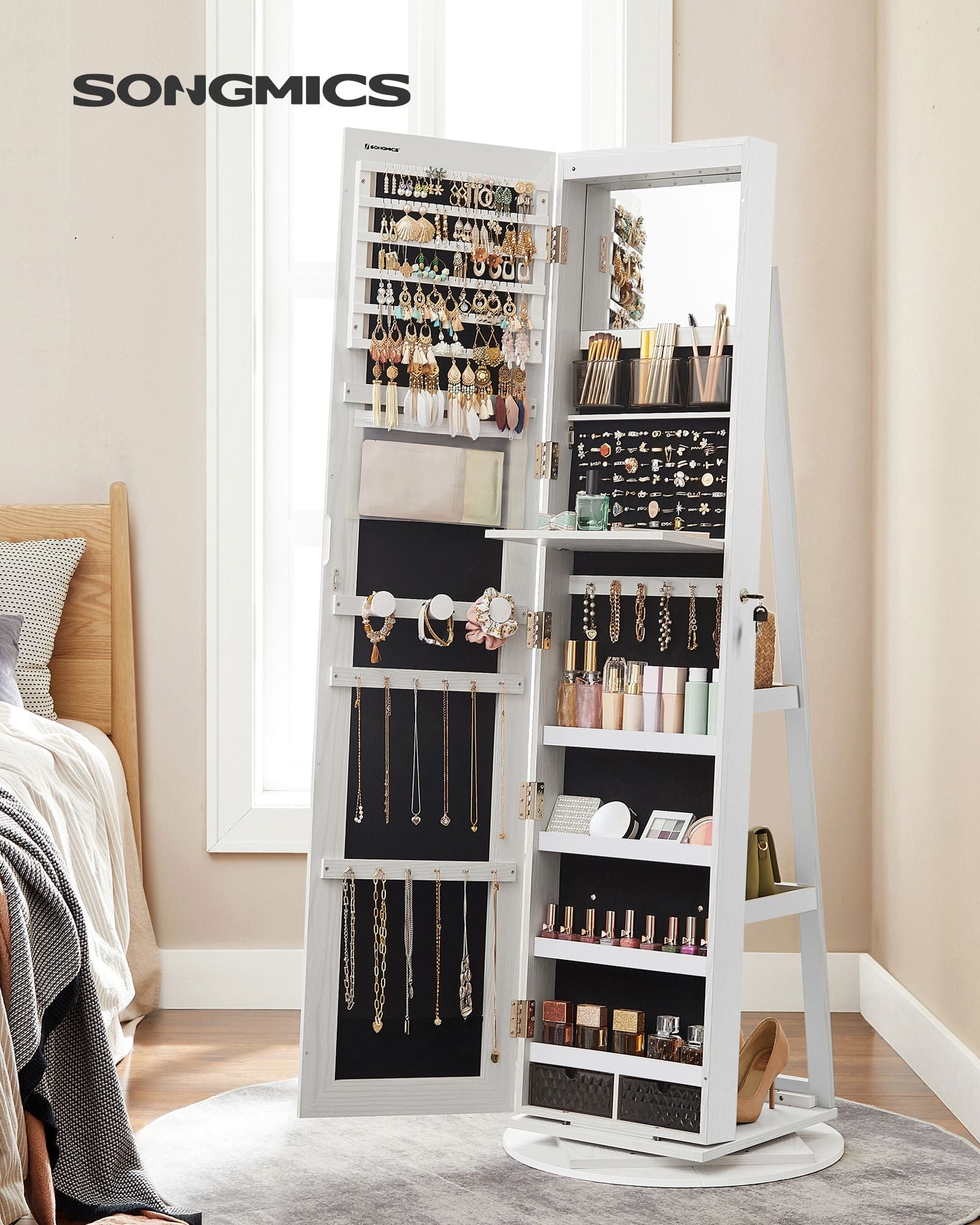 Jewellery Storage Organiser - Wood - Rustic Brown - 360° Swivel with Lockable Mirror and LED Lights