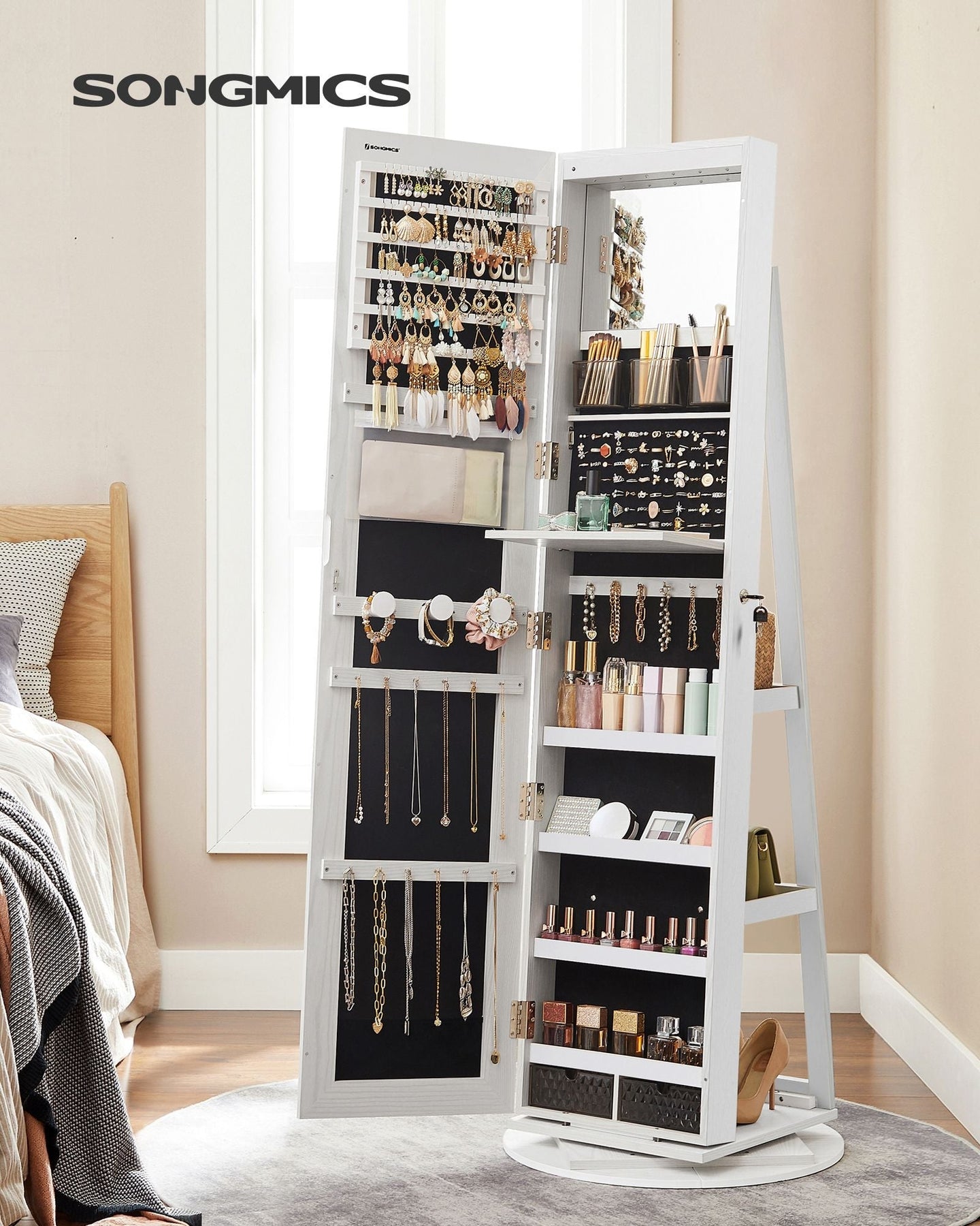 Jewellery Storage Organiser - Wood - Rustic Brown - 360° Swivel with Lockable Mirror and LED Lights