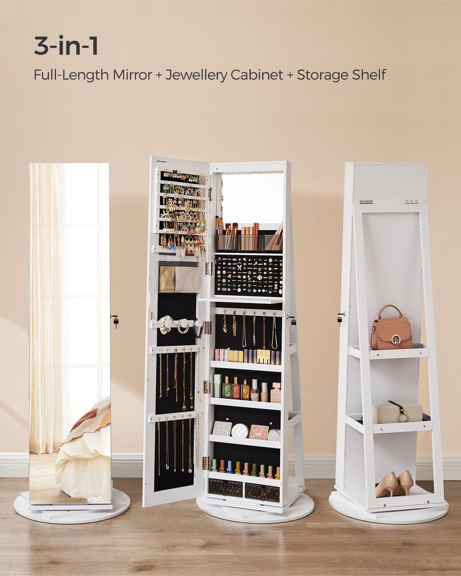 Jewellery Storage Organiser - Wood - Rustic Brown - 360° Swivel with Lockable Mirror and LED Lights