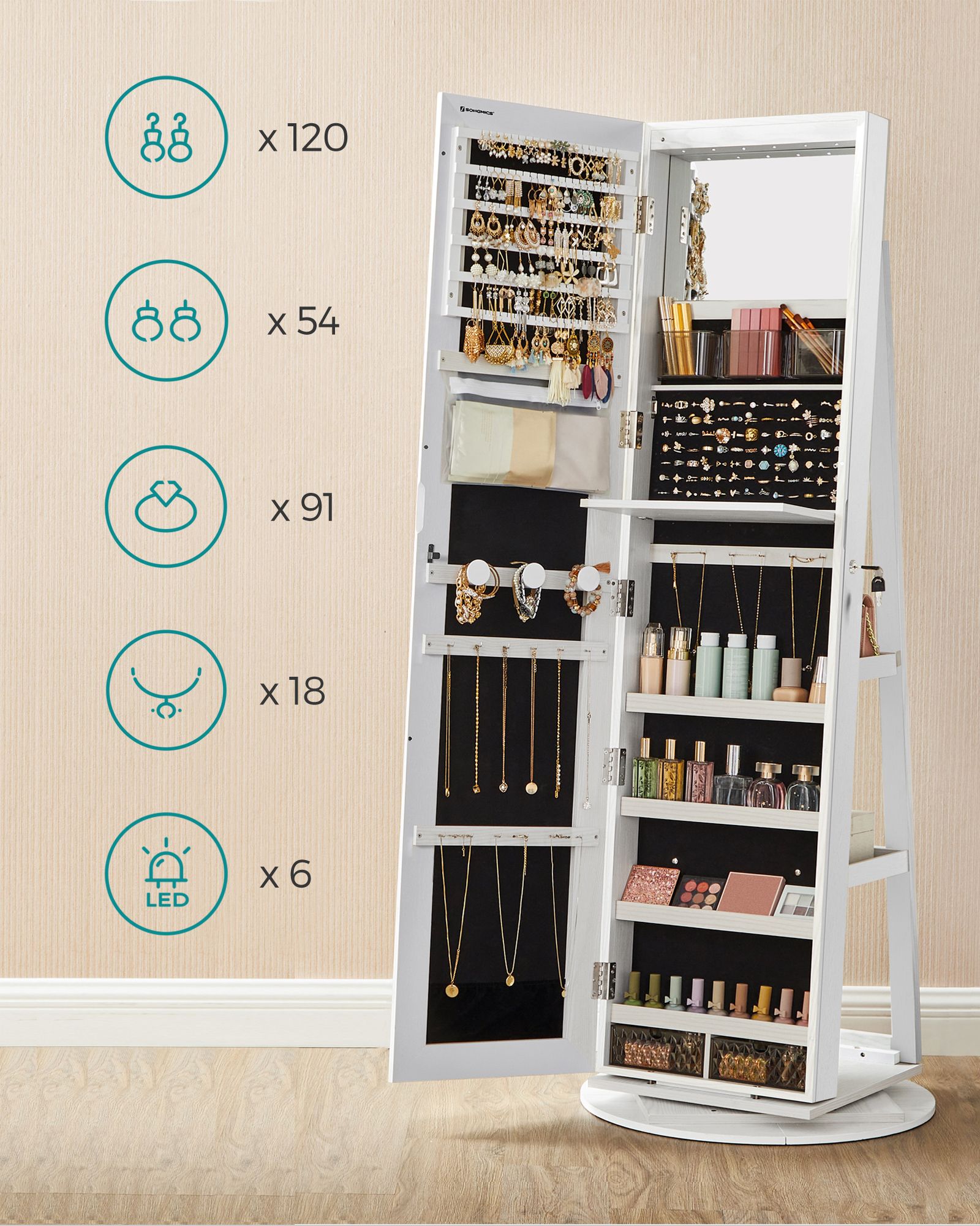 Jewellery Storage Organiser - Wood - Rustic Brown - 360° Swivel with Lockable Mirror and LED Lights
