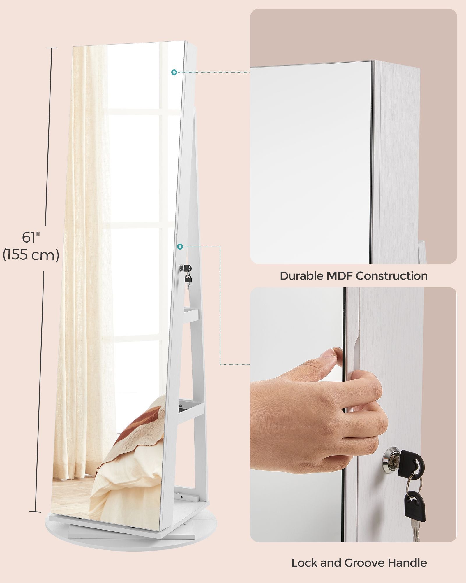 Jewellery Storage Organiser - Wood - Rustic Brown - 360° Swivel with Lockable Mirror and LED Lights