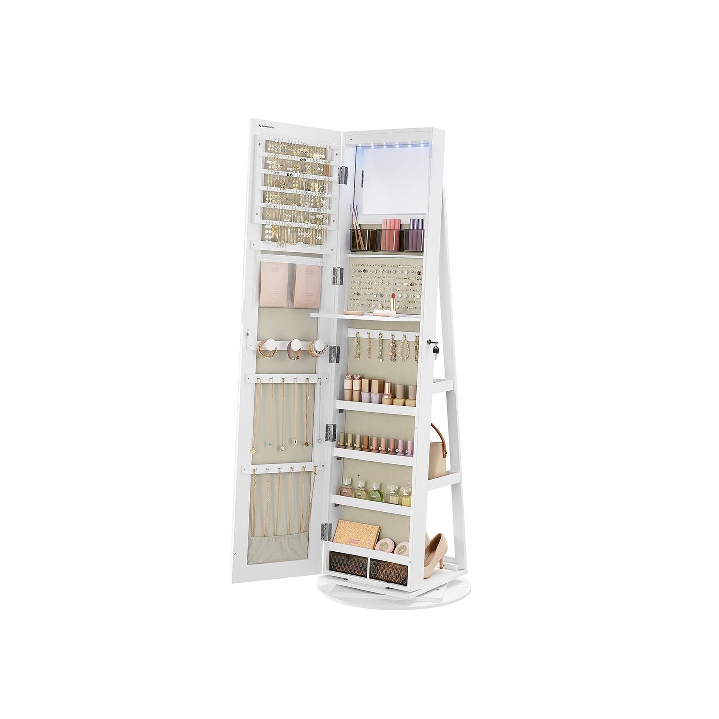 Jewellery Cabinet - Wood - Rustic Brown - Full-Length Mirror with 360° Swivel and LED Lighting