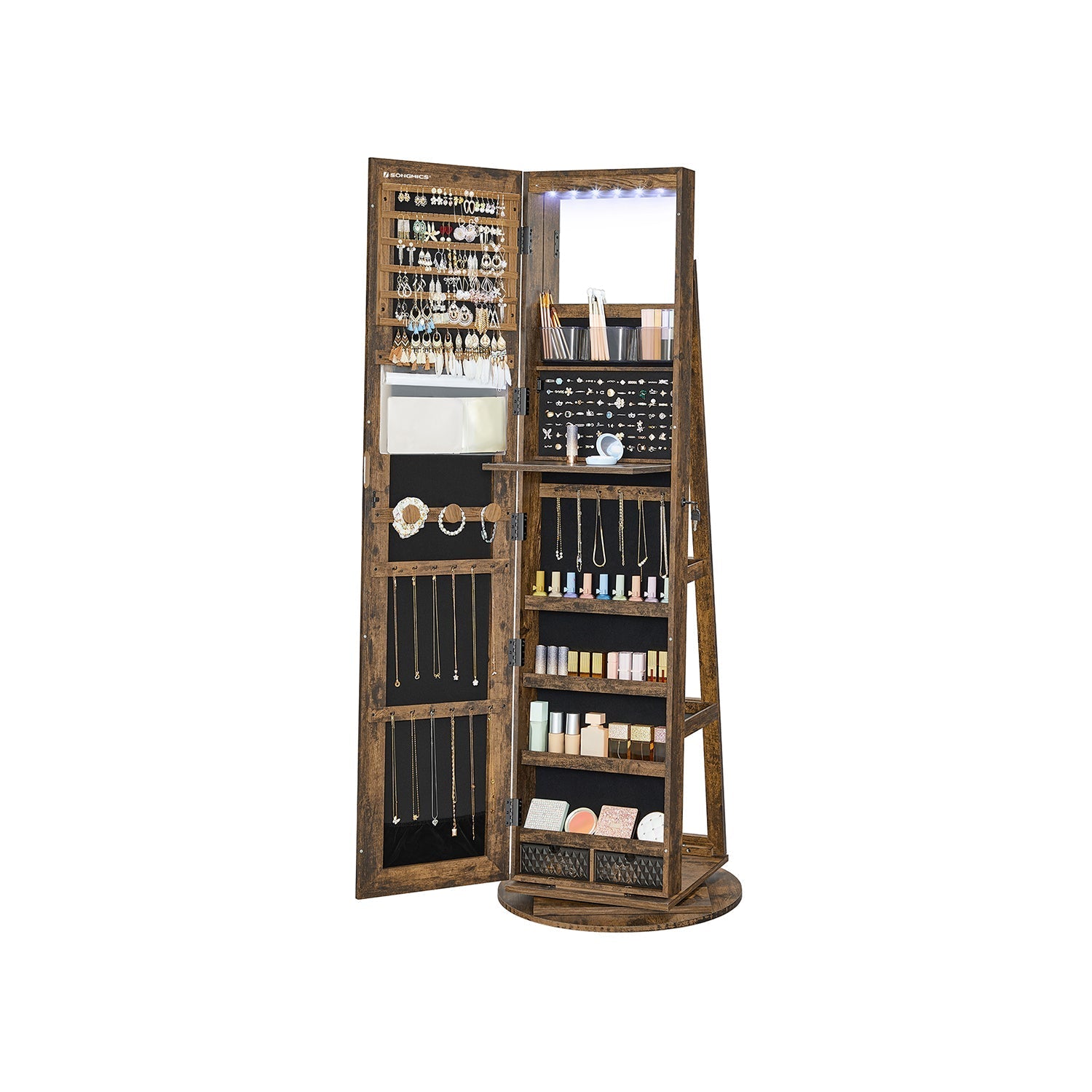 Rotating Jewelry Cabinet - MDF - Rustic Brown - Lockable Full-Length Mirror with 360° Swivel Storage and 6 LEDs