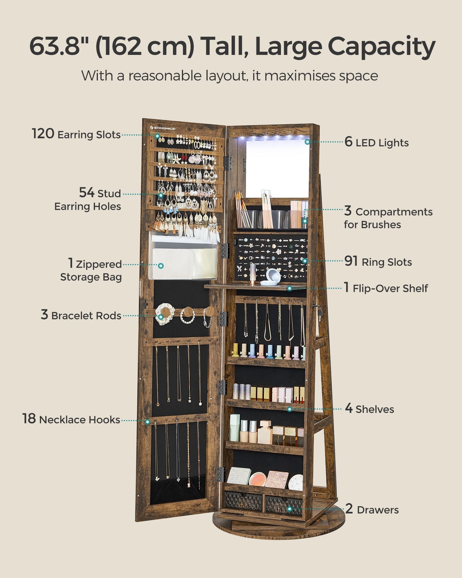 Rotating Jewelry Cabinet - MDF - Rustic Brown - Lockable Full-Length Mirror with 360° Swivel Storage and 6 LEDs
