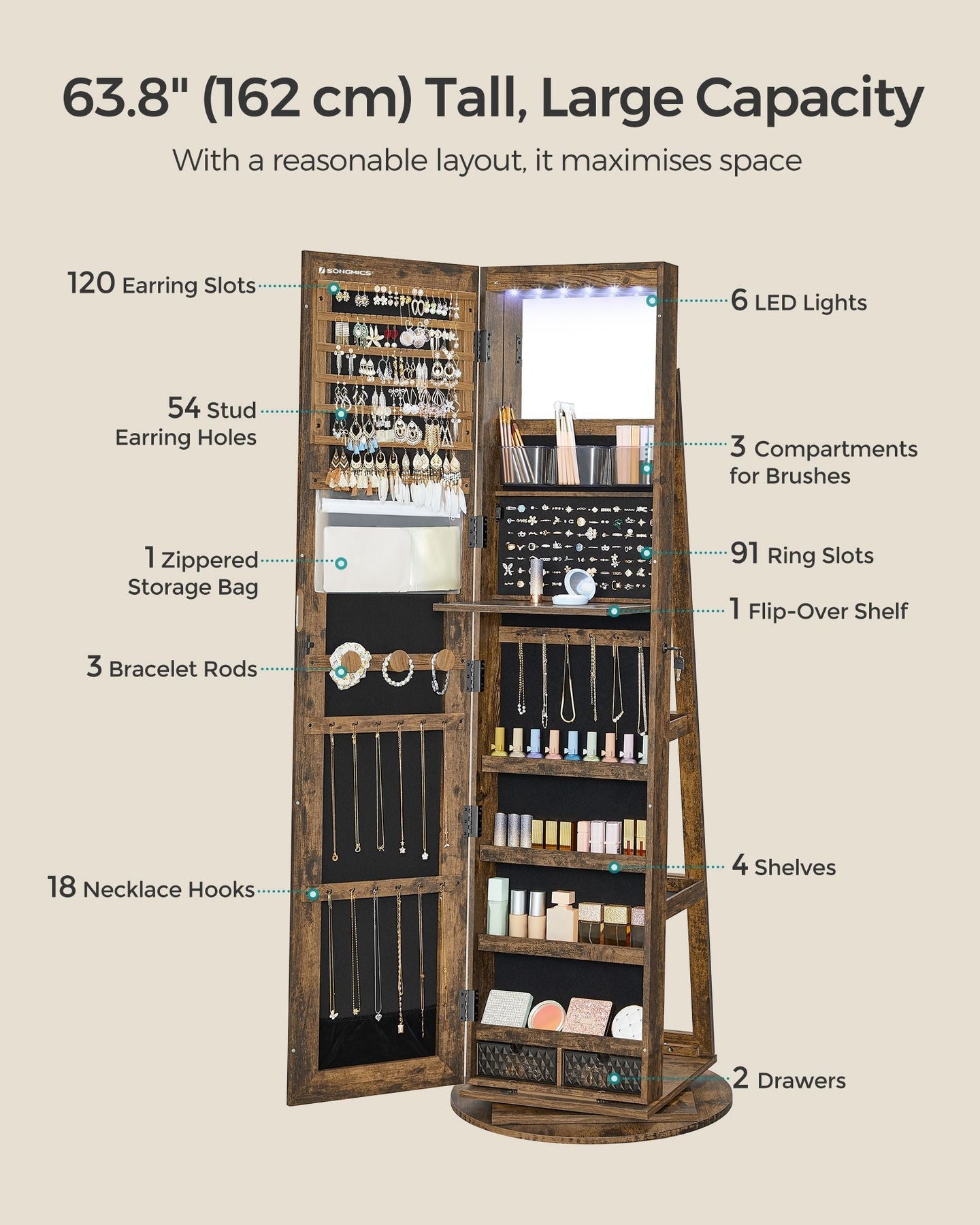Rotating Jewelry Cabinet - MDF - Rustic Brown - Lockable Full-Length Mirror with 360° Swivel Storage and 6 LEDs