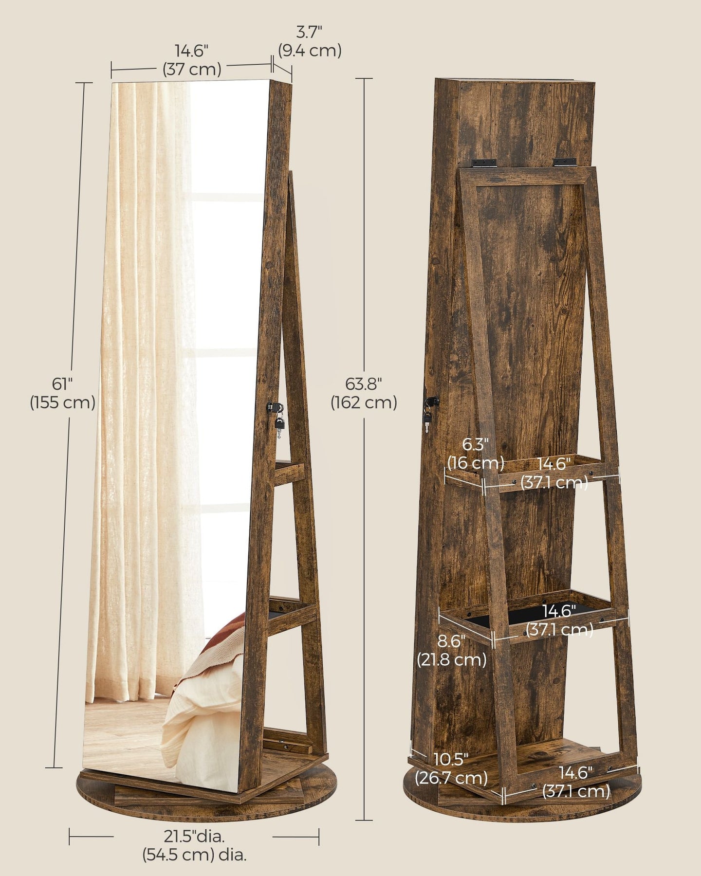 Rotating Jewelry Cabinet - MDF - Rustic Brown - Lockable Full-Length Mirror with 360° Swivel Storage and 6 LEDs