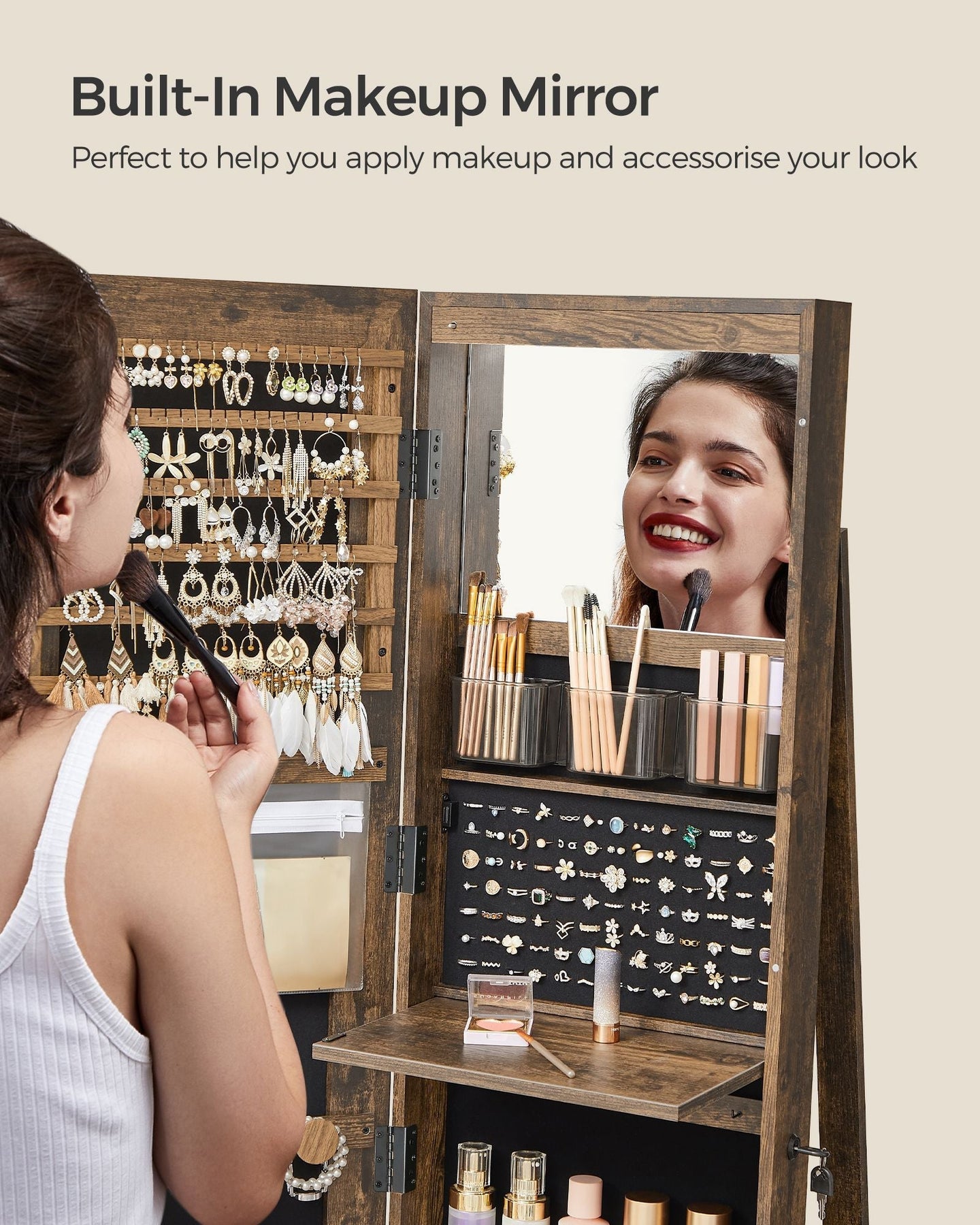 Rotating Jewelry Cabinet - MDF - Rustic Brown - Lockable Full-Length Mirror with 360° Swivel Storage and 6 LEDs