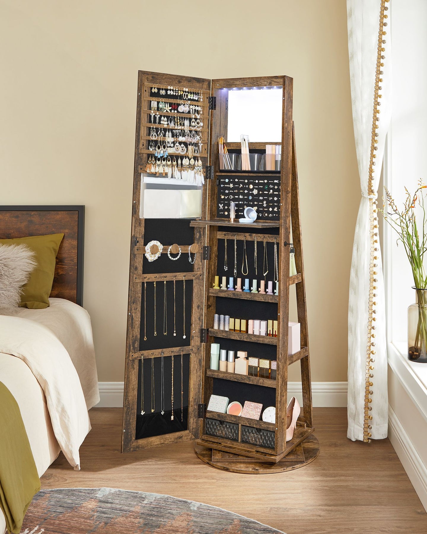 Rotating Jewelry Cabinet - MDF - Rustic Brown - Lockable Full-Length Mirror with 360° Swivel Storage and 6 LEDs