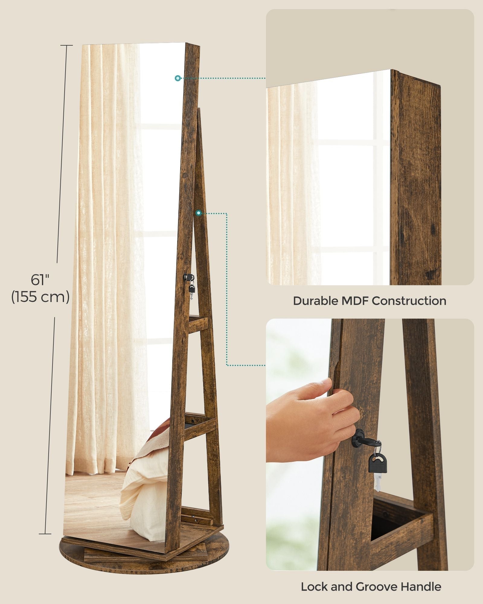 Rotating Jewelry Cabinet - MDF - Rustic Brown - Lockable Full-Length Mirror with 360° Swivel Storage and 6 LEDs