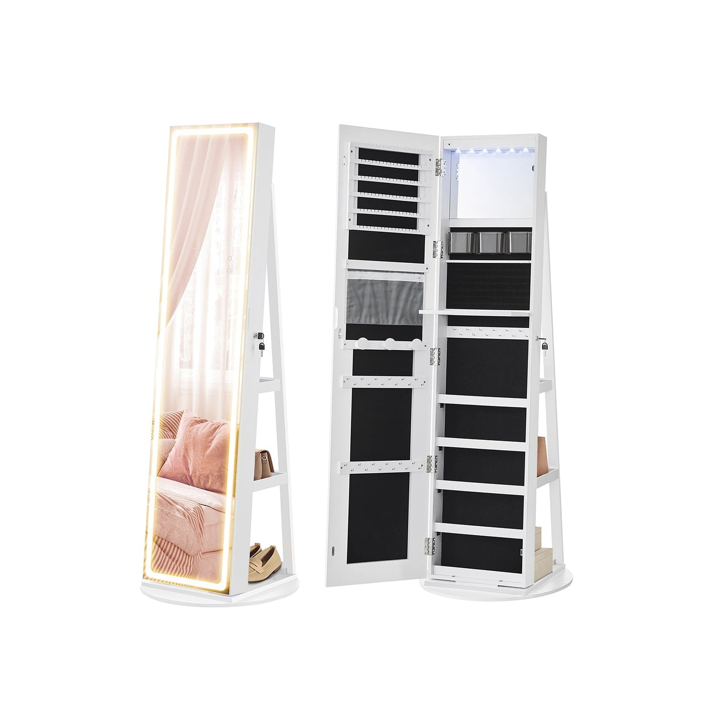 Jewellery Cabinet - Engineered Wood - Cloud White - Lockable with Full-Length Mirror and Adjustable LED Lights