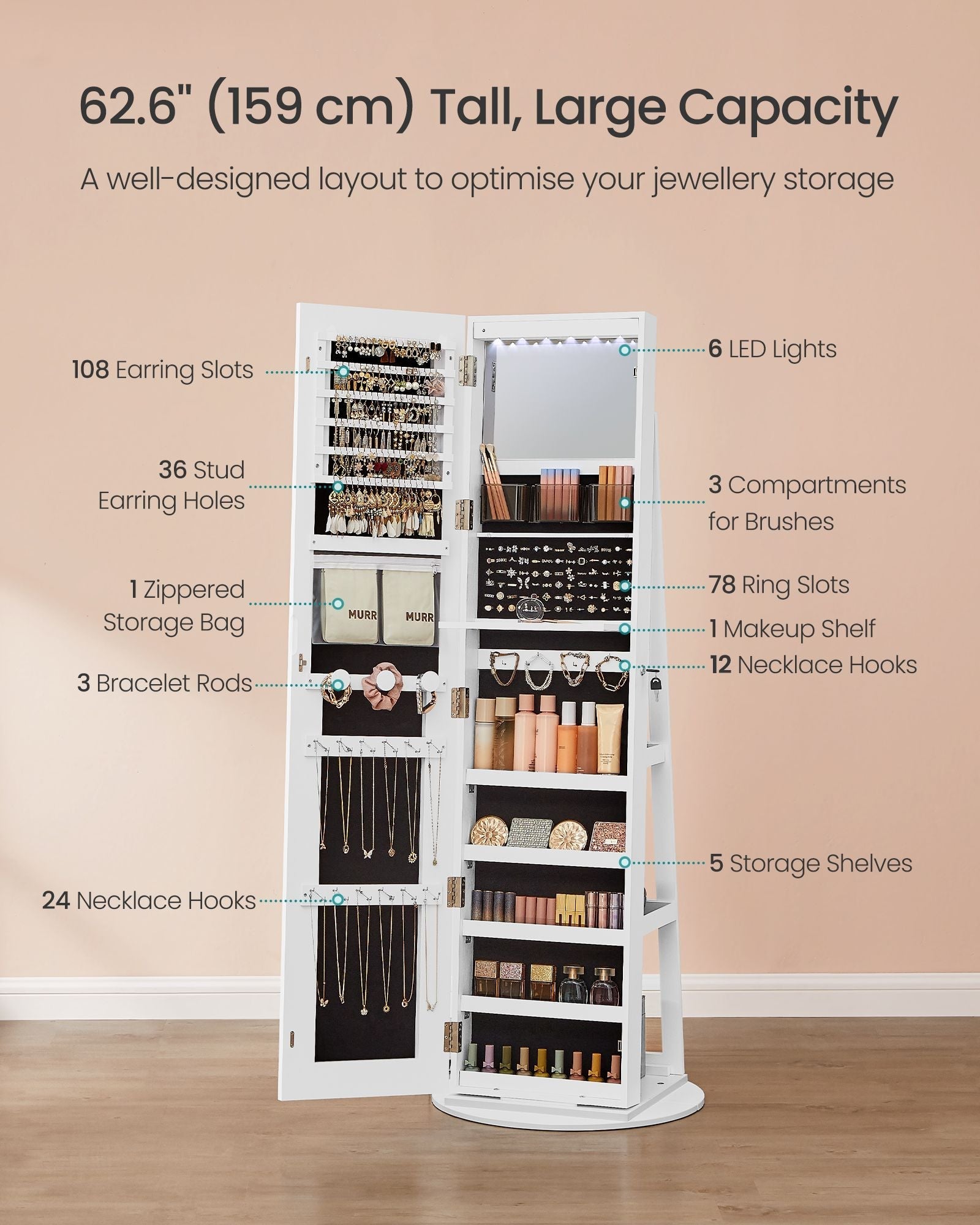 Jewellery Cabinet - Engineered Wood - Cloud White - Lockable with Full-Length Mirror and Adjustable LED Lights