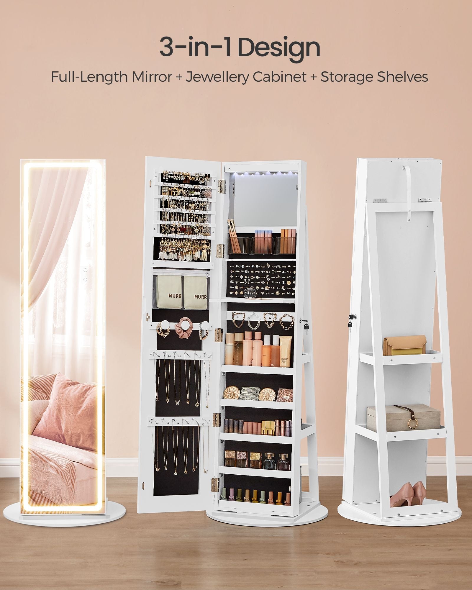 Jewellery Cabinet - Engineered Wood - Cloud White - Lockable with Full-Length Mirror and Adjustable LED Lights