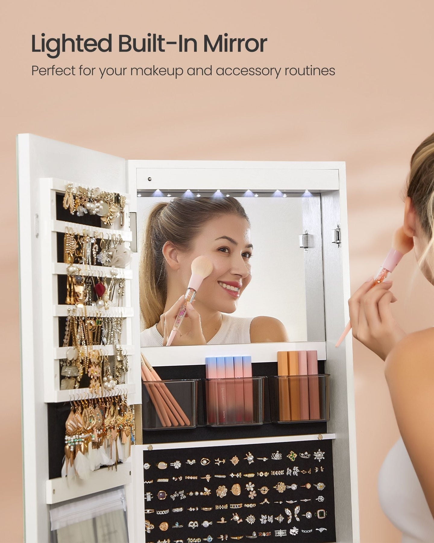 Jewellery Cabinet - Engineered Wood - Cloud White - Lockable with Full-Length Mirror and Adjustable LED Lights