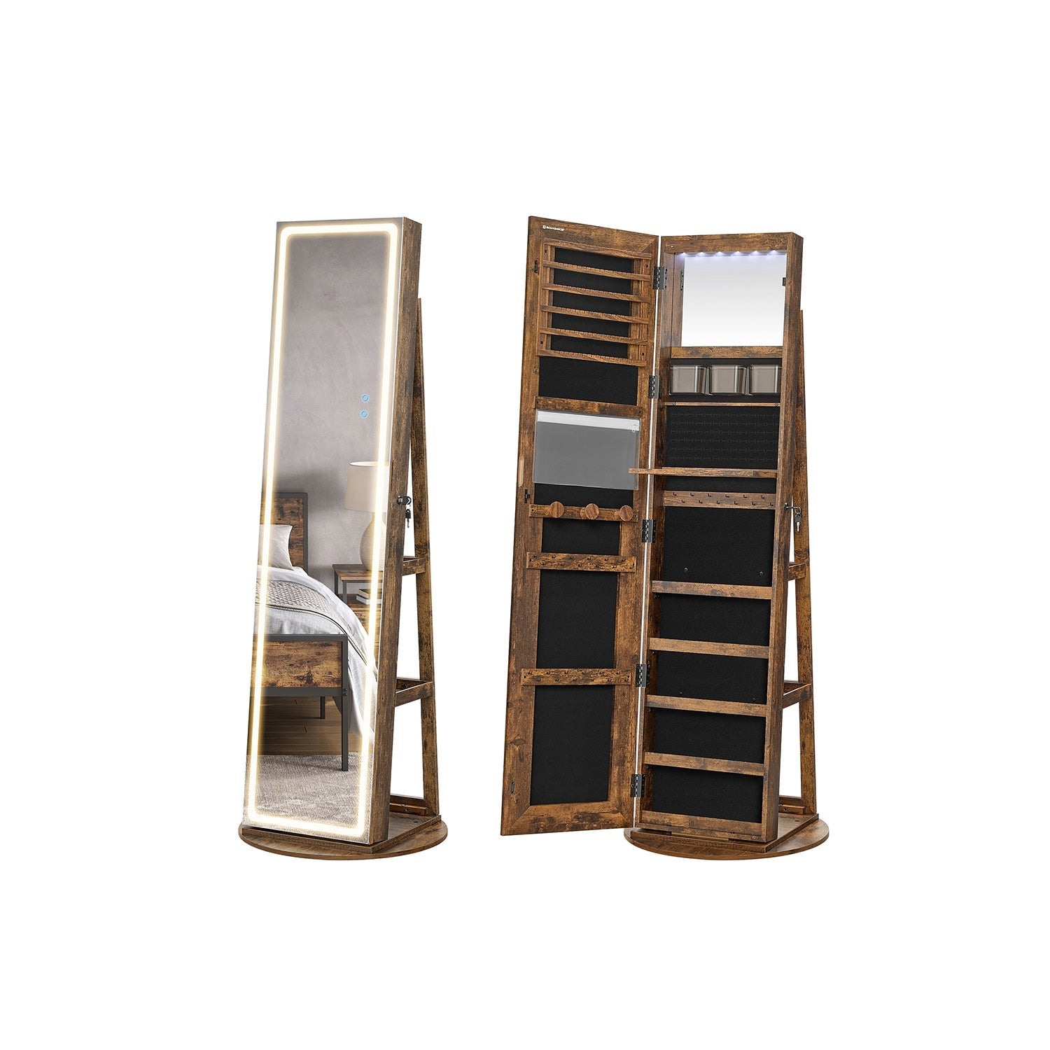 Jewellery Cabinet - Wood - Rustic Brown - Lockable with Full-Length Mirror and Adjustable LED Lights