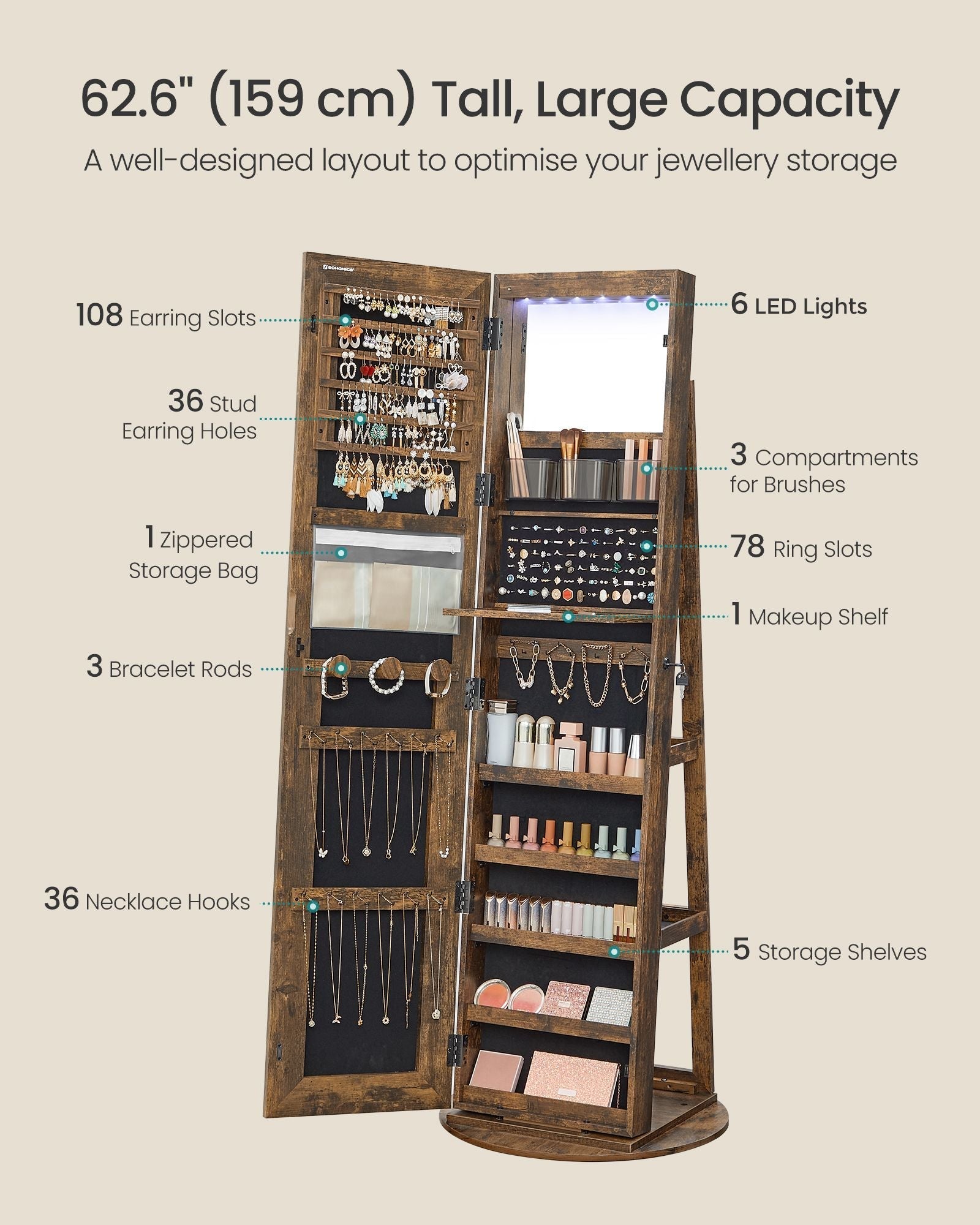 Jewellery Cabinet - Wood - Rustic Brown - Lockable with Full-Length Mirror and Adjustable LED Lights