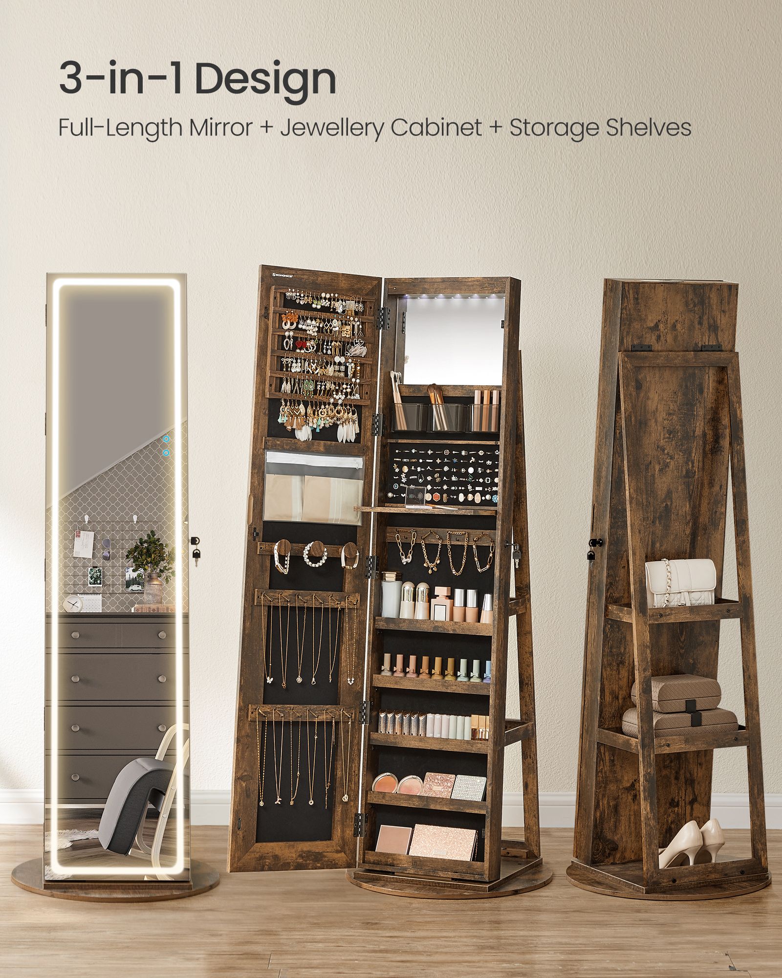 Jewellery Cabinet - Wood - Rustic Brown - Lockable with Full-Length Mirror and Adjustable LED Lights