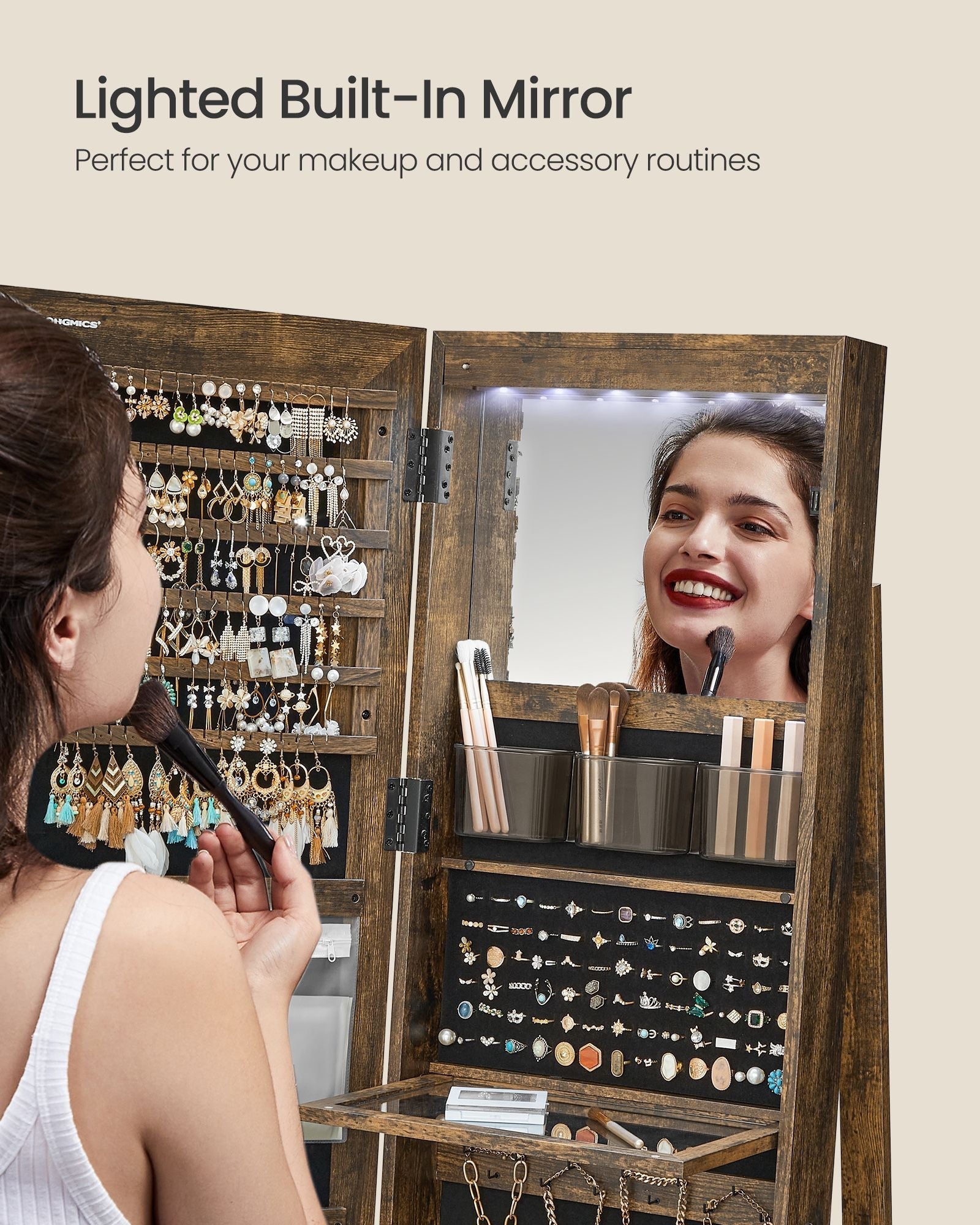 Jewellery Cabinet - Wood - Rustic Brown - Lockable with Full-Length Mirror and Adjustable LED Lights