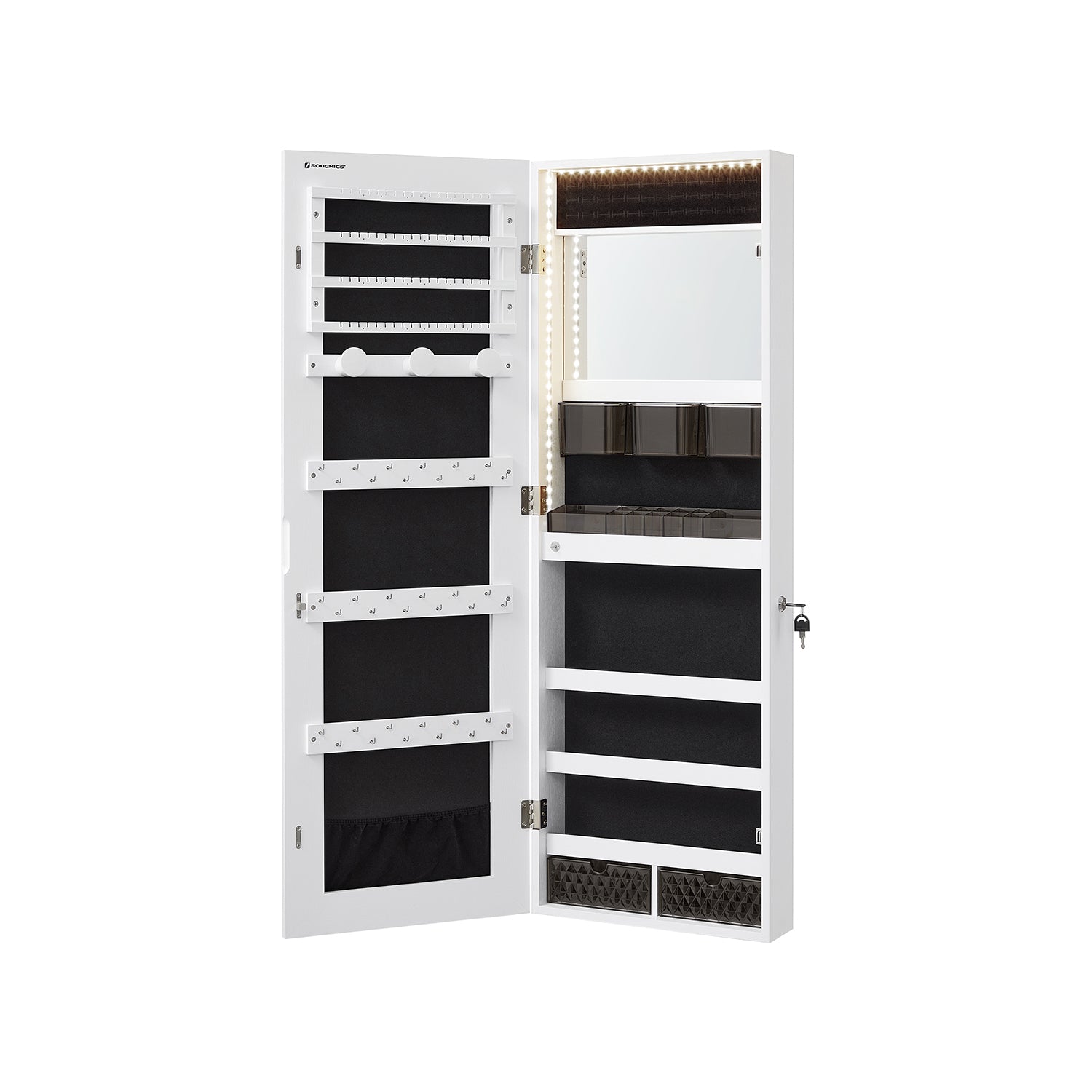 Jewellery Cabinet Organizer - Wood - White - Wall Mounted with LED Lights and Lockable Storage