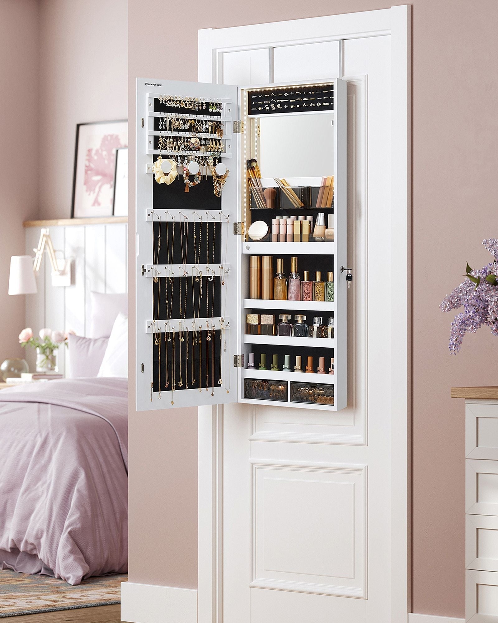 Jewellery Cabinet Organizer - Wood - White - Wall Mounted with LED Lights and Lockable Storage