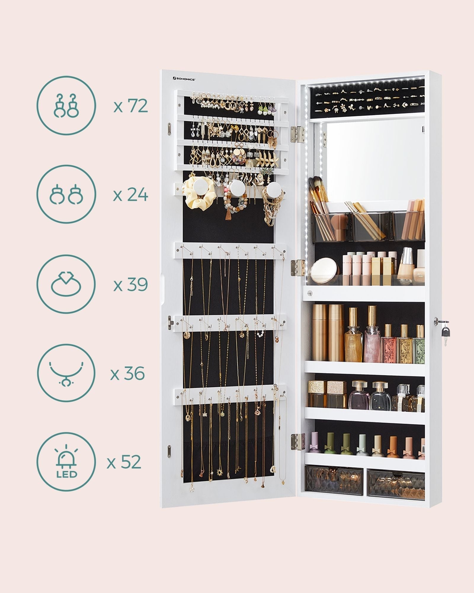 Jewellery Cabinet Organizer - Wood - White - Wall Mounted with LED Lights and Lockable Storage