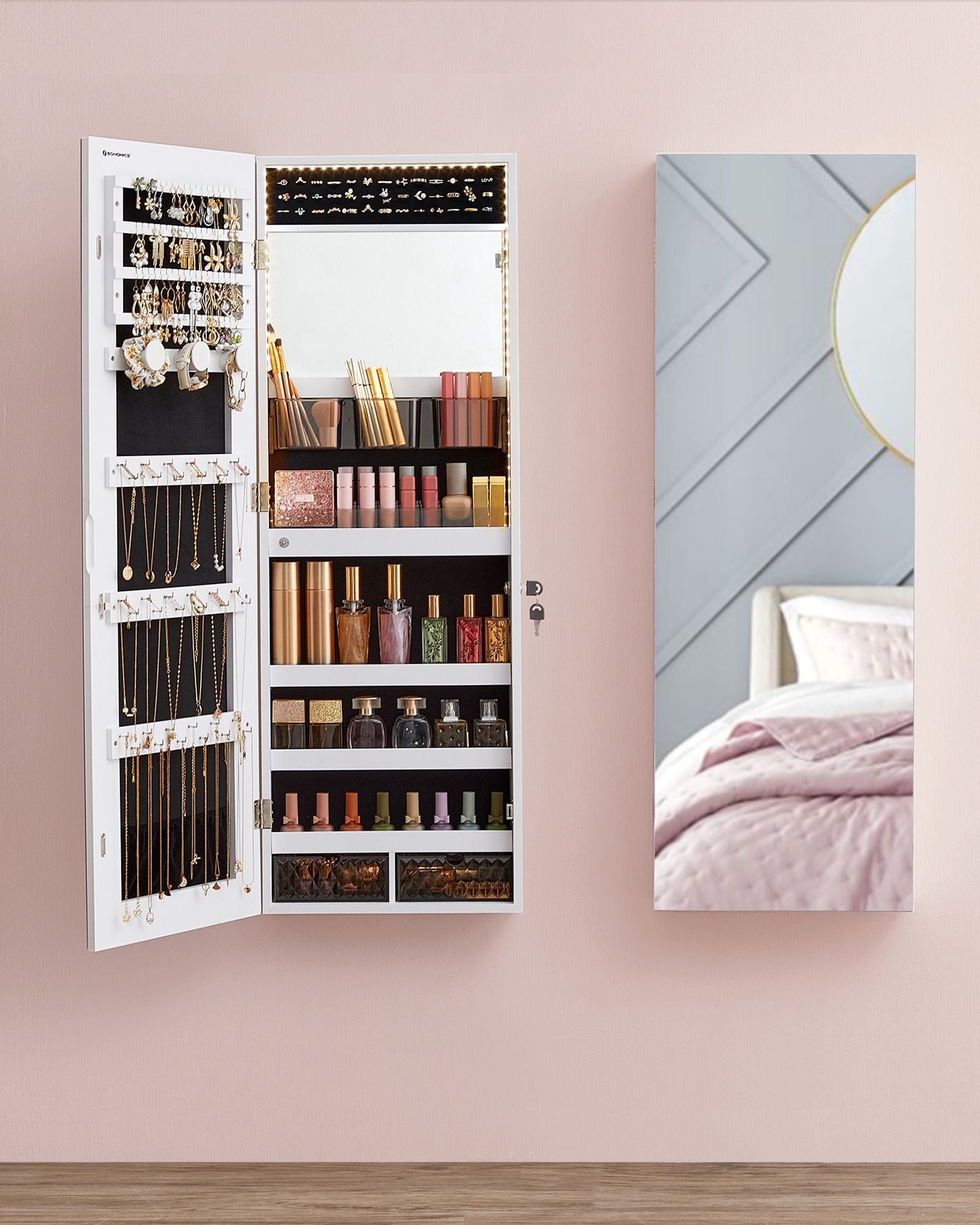 Jewellery Cabinet Organizer - Wood - White - Wall Mounted with LED Lights and Lockable Storage