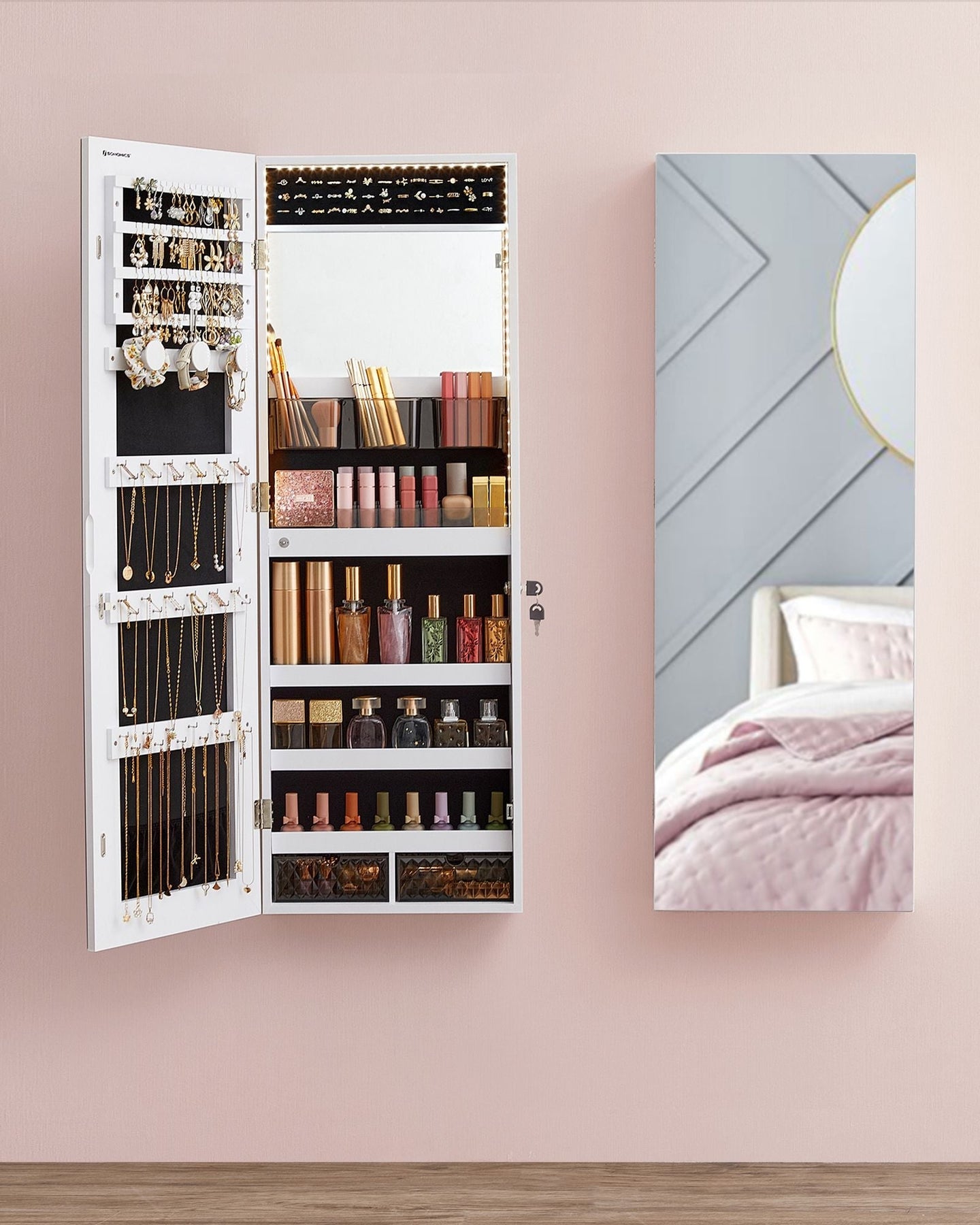 Jewellery Cabinet Organizer - Wood - White - Wall Mounted with LED Lights and Lockable Storage