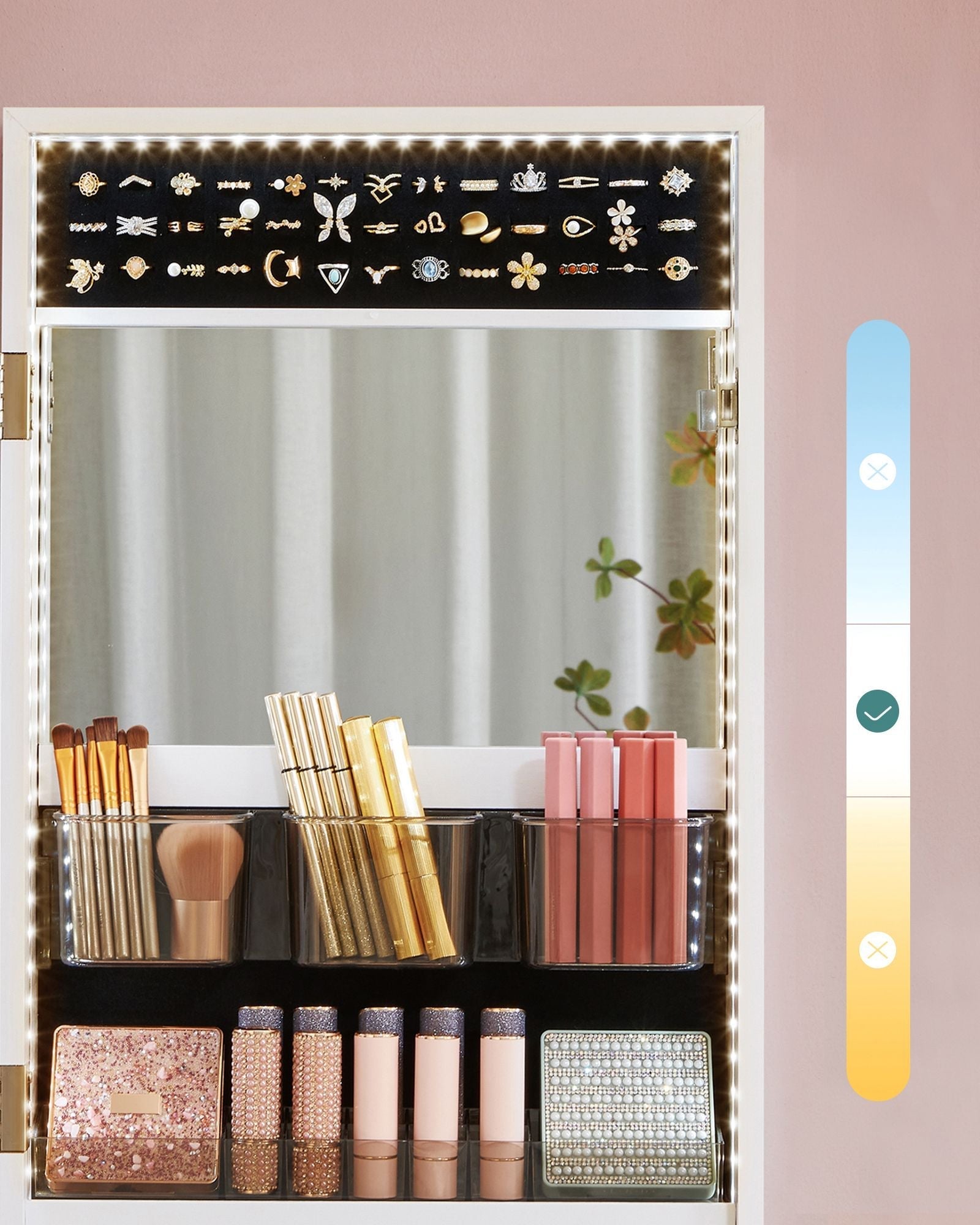 Jewellery Cabinet Organizer - Wood - White - Wall Mounted with LED Lights and Lockable Storage