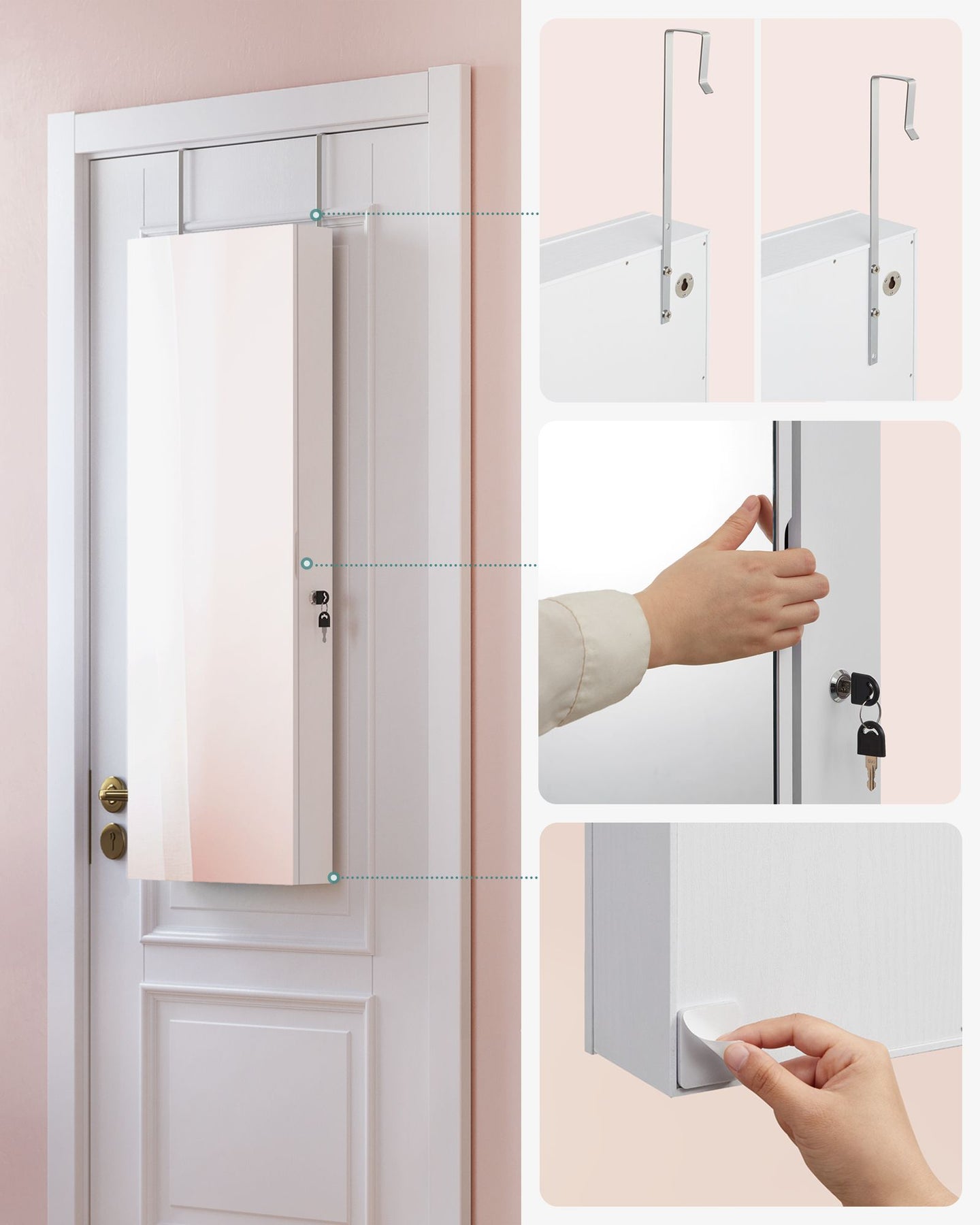Jewellery Cabinet Organizer - Wood - White - Wall Mounted with LED Lights and Lockable Storage