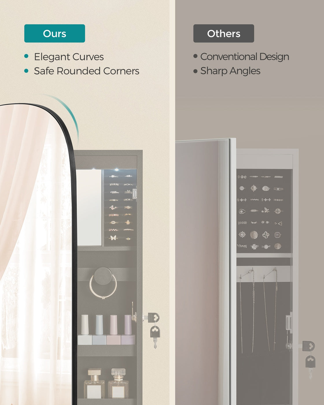 Jewellery Cabinet - Wood - White with Greige Lining - Lockable LED Mirror