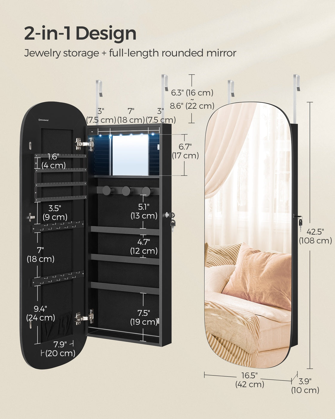 Jewellery Cabinet - Wood - White with Greige Lining - Lockable LED Mirror