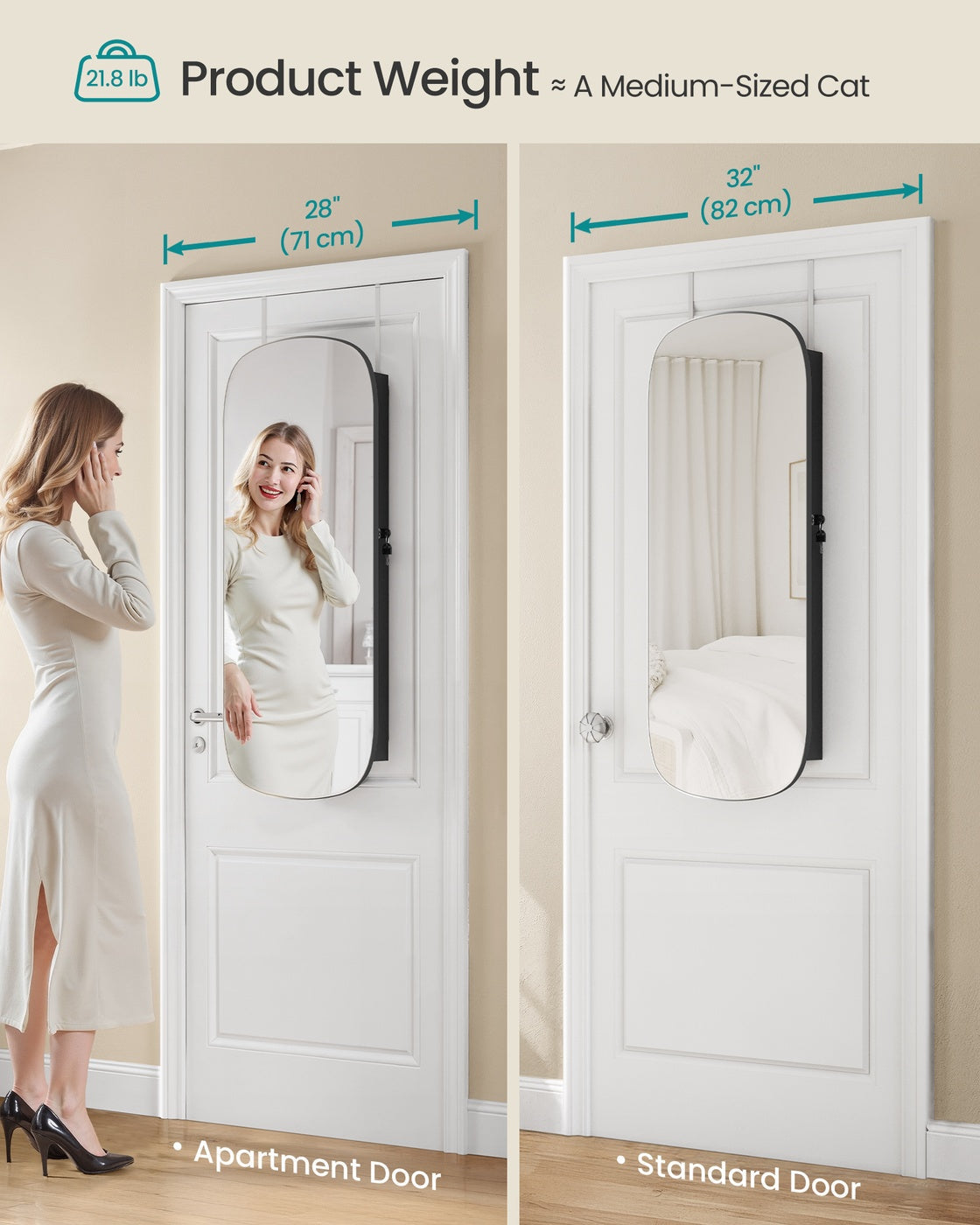 Jewellery Cabinet - Wood - White with Greige Lining - Lockable LED Mirror