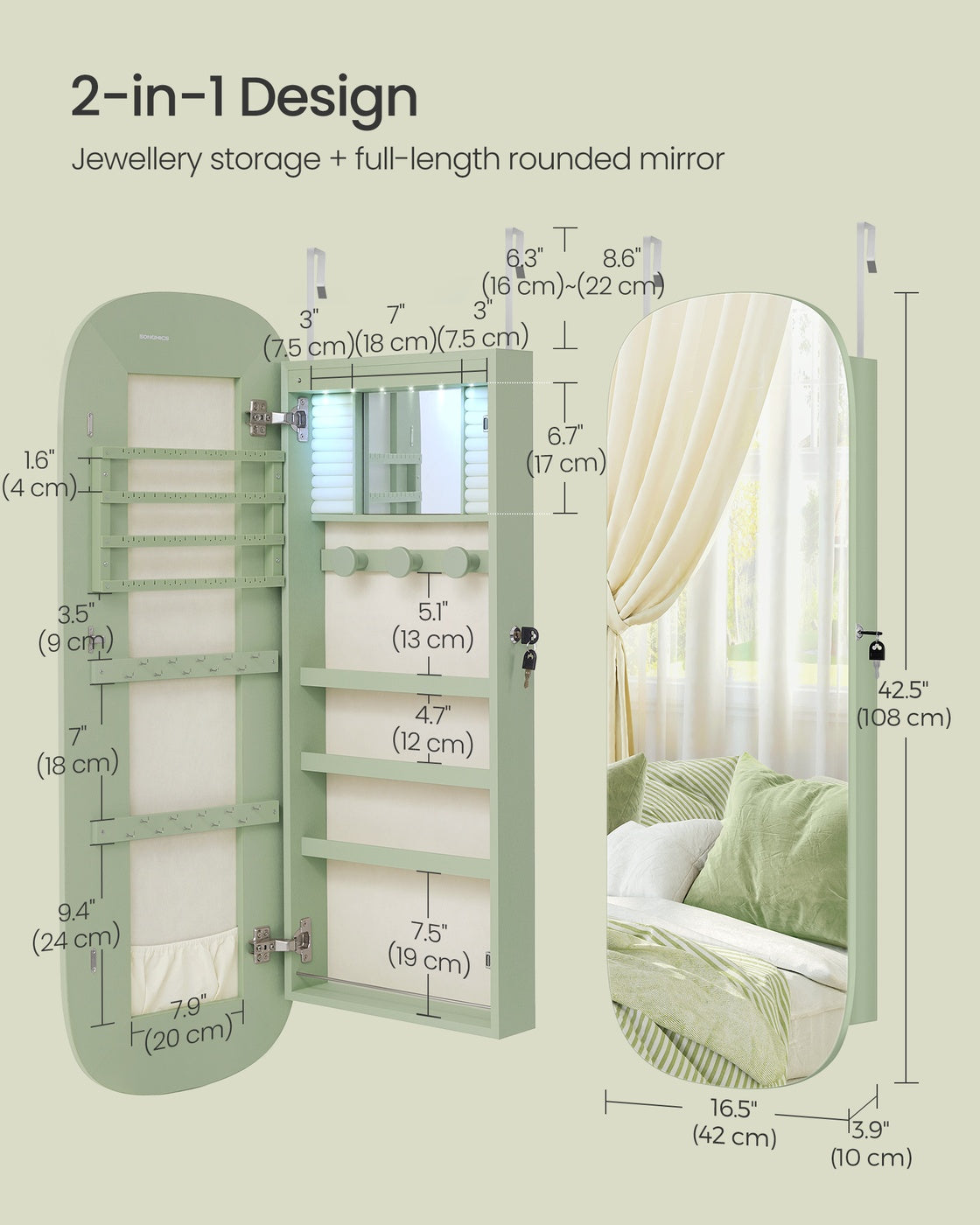 Mirror Cabinet - MDF - White with Greige Lining - Lockable