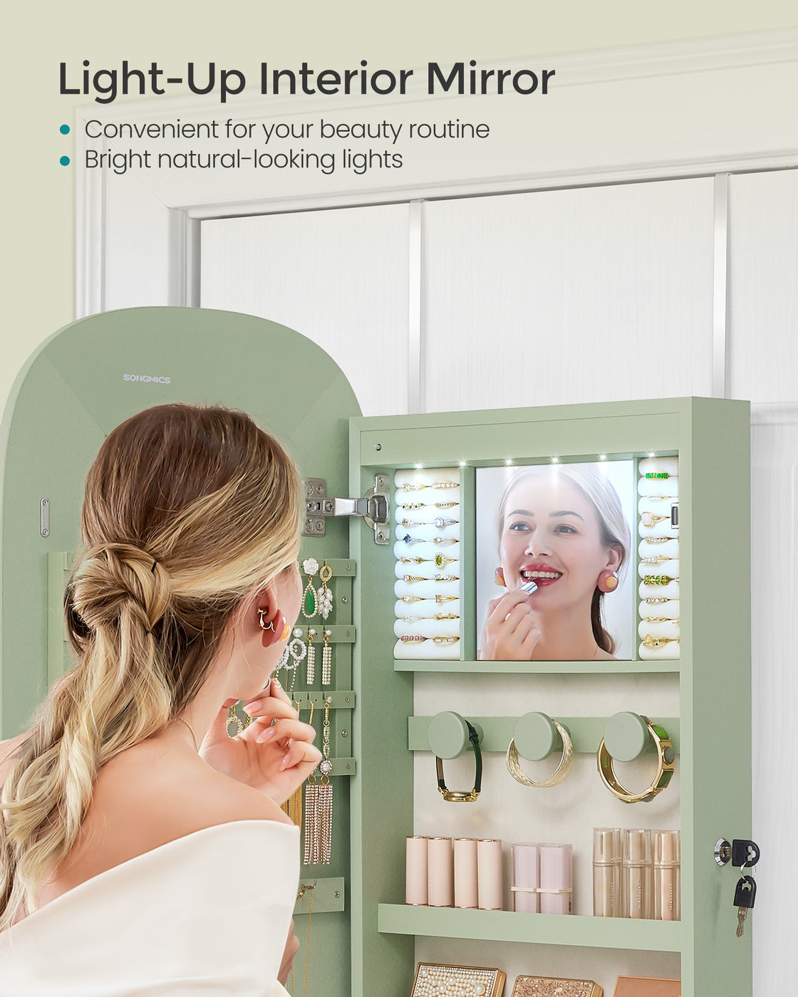 Mirror Cabinet - MDF - White with Greige Lining - Lockable