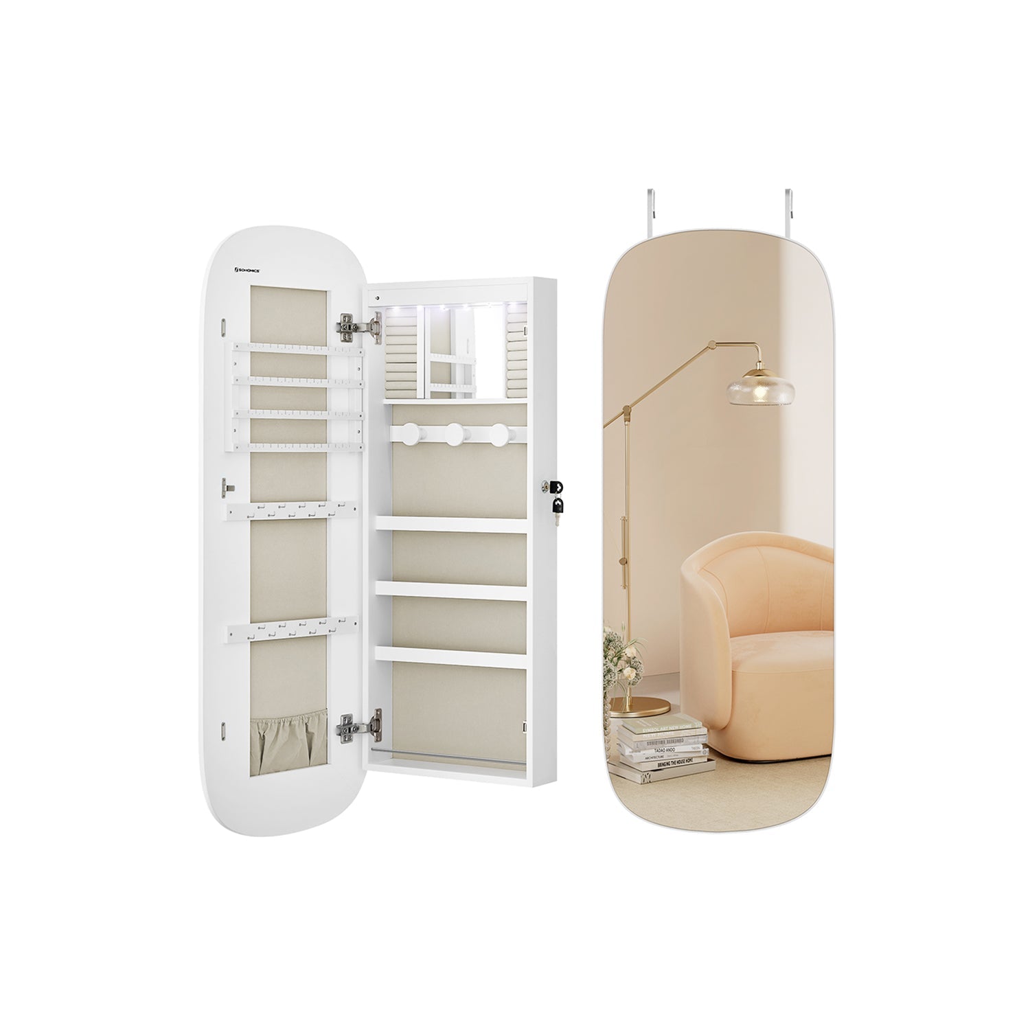 LED Mirror Jewellery Cabinet - MDF - White with Greige Lining - Lockable Wall/Door Mounted with Interior Mirror