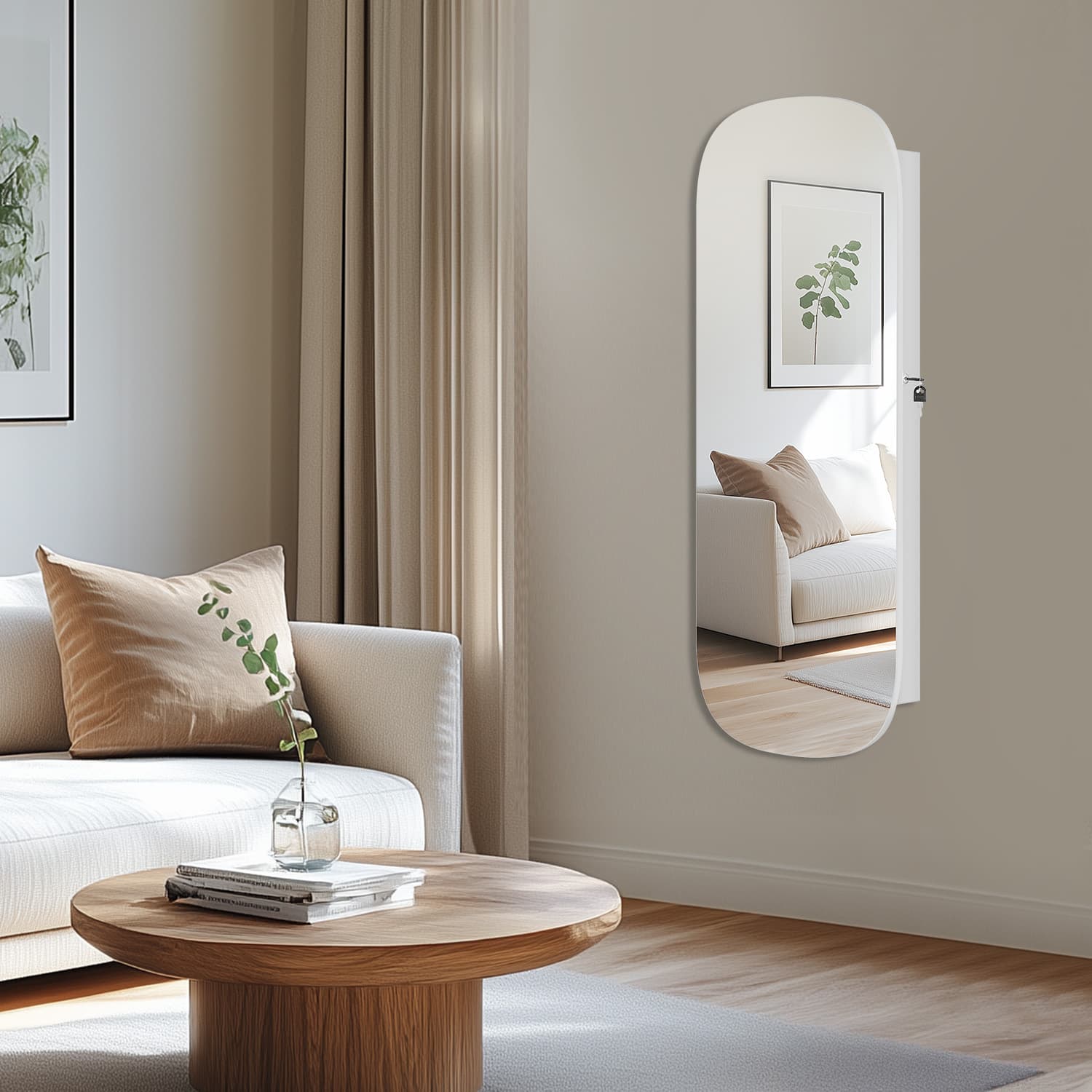 Jewellery Cabinet - Wood - White and Light Grey - Lockable Wall/Door Mounted with LED Mirror and Interior Mirror