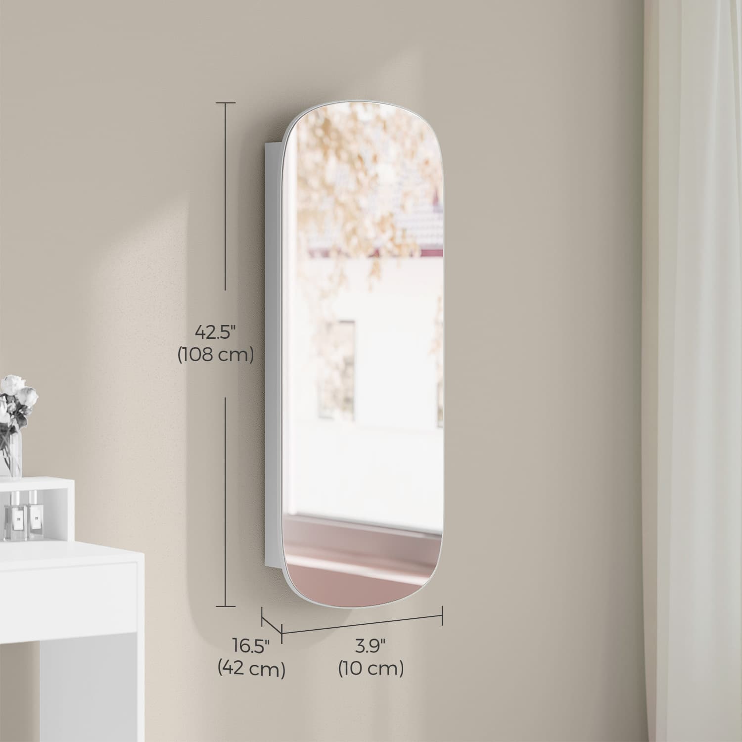 Jewellery Cabinet - Wood - White and Light Grey - Lockable Wall/Door Mounted with LED Mirror and Interior Mirror