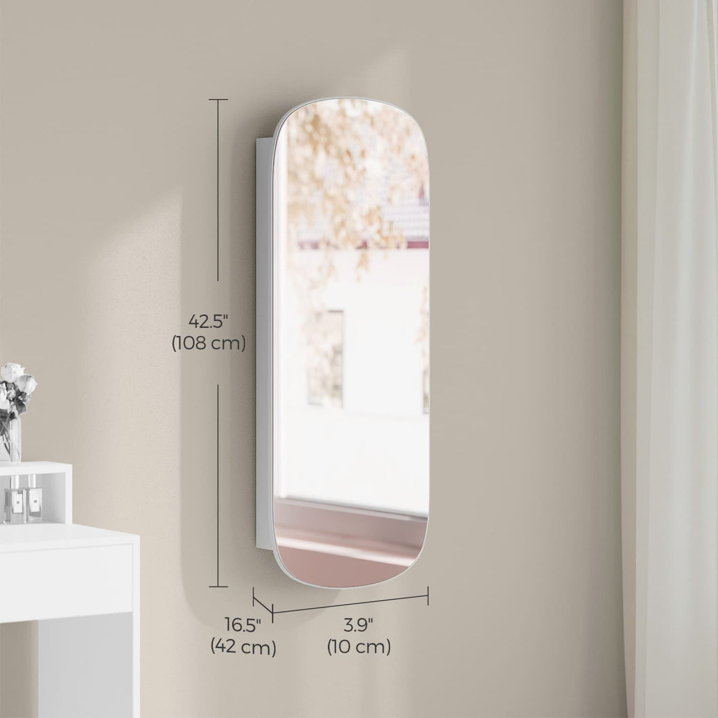 Jewellery Cabinet - Wood - White and Light Grey - Lockable Wall/Door Mounted with LED Mirror and Interior Mirror