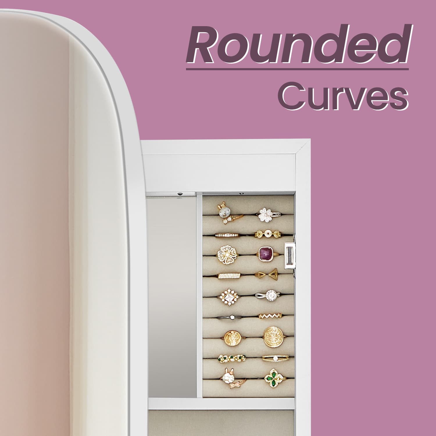 Jewellery Cabinet - Wood - White and Light Grey - Lockable Wall/Door Mounted with LED Mirror and Interior Mirror
