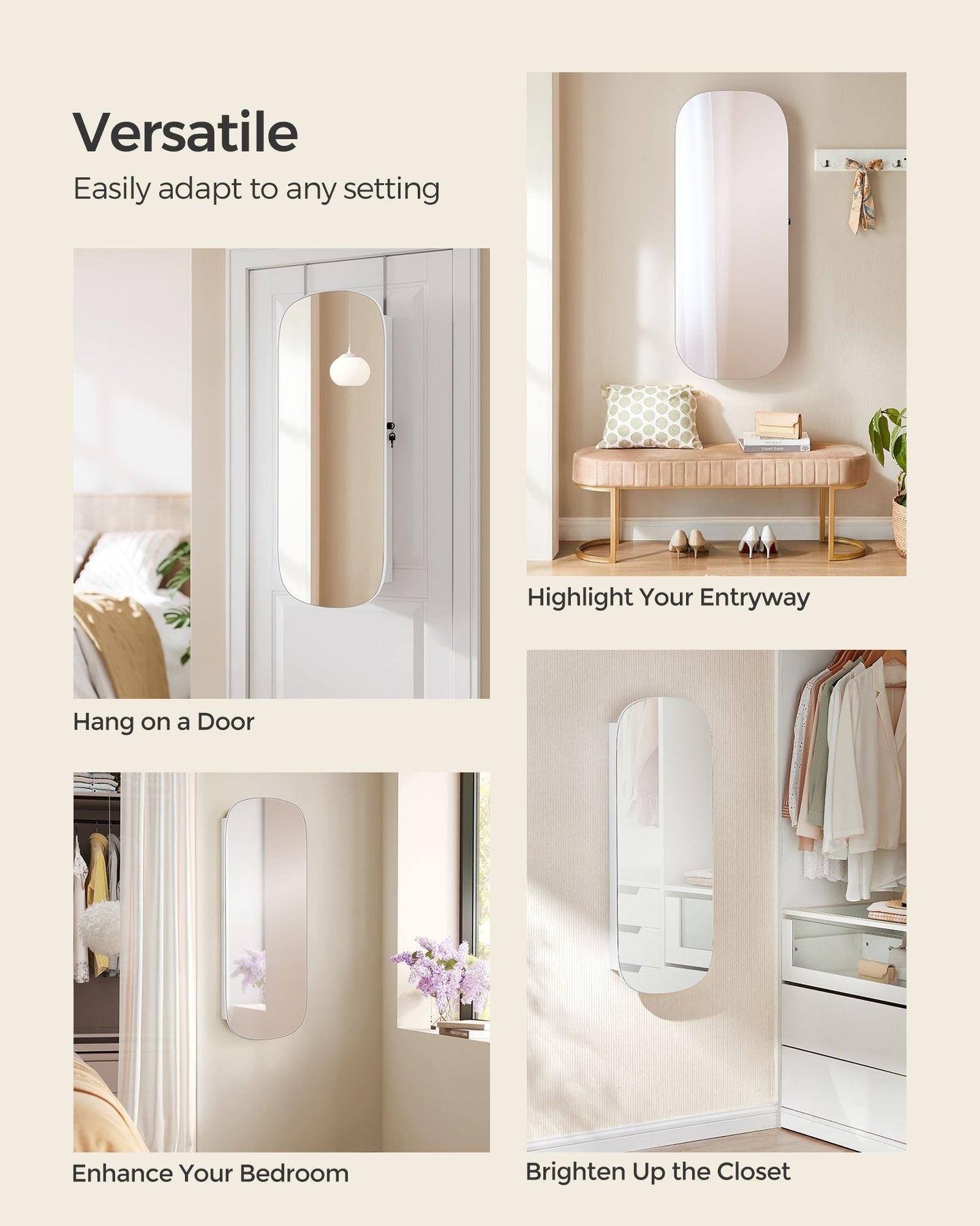 LED Mirror Jewellery Cabinet - MDF - White with Greige Lining - Lockable Wall/Door Mounted with Interior Mirror