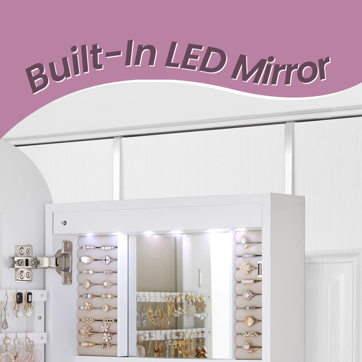 Jewellery Cabinet - Wood - White and Light Grey - Lockable Wall/Door Mounted with LED Mirror and Interior Mirror