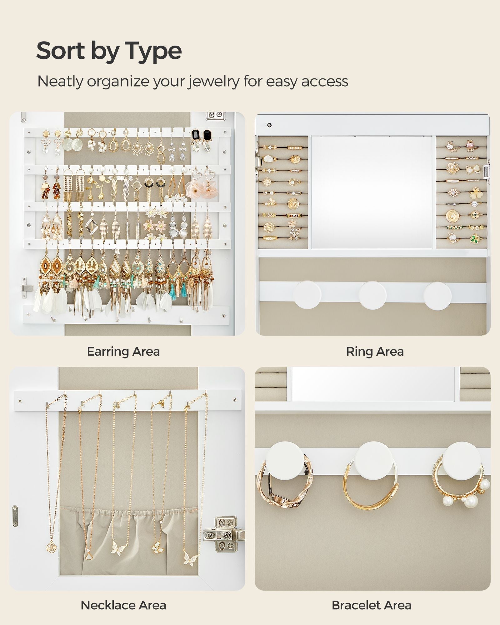 LED Mirror Jewellery Cabinet - MDF - White with Greige Lining - Lockable Wall/Door Mounted with Interior Mirror