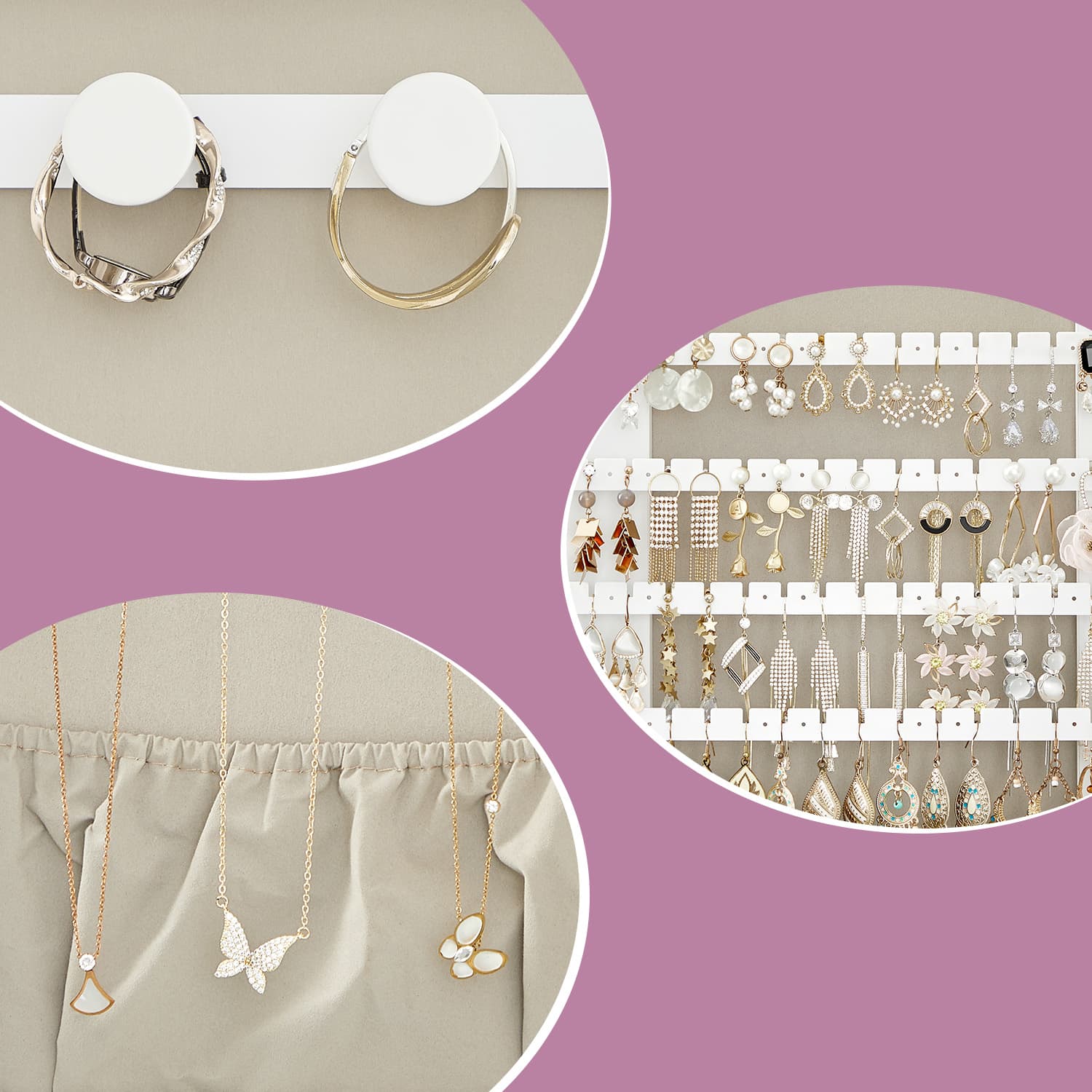 Jewellery Cabinet - Wood - White and Light Grey - Lockable Wall/Door Mounted with LED Mirror and Interior Mirror