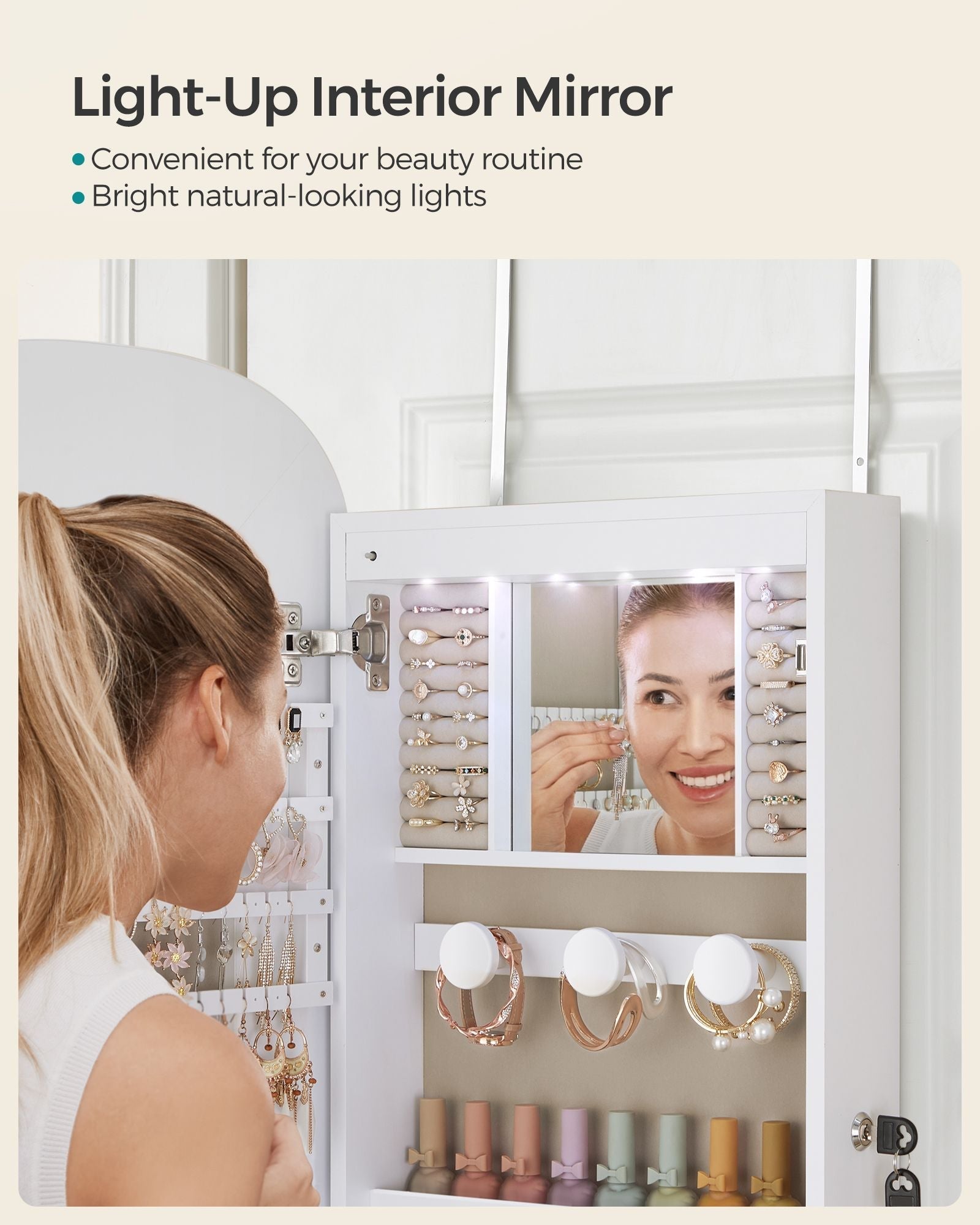 LED Mirror Jewellery Cabinet - MDF - White with Greige Lining - Lockable Wall/Door Mounted with Interior Mirror