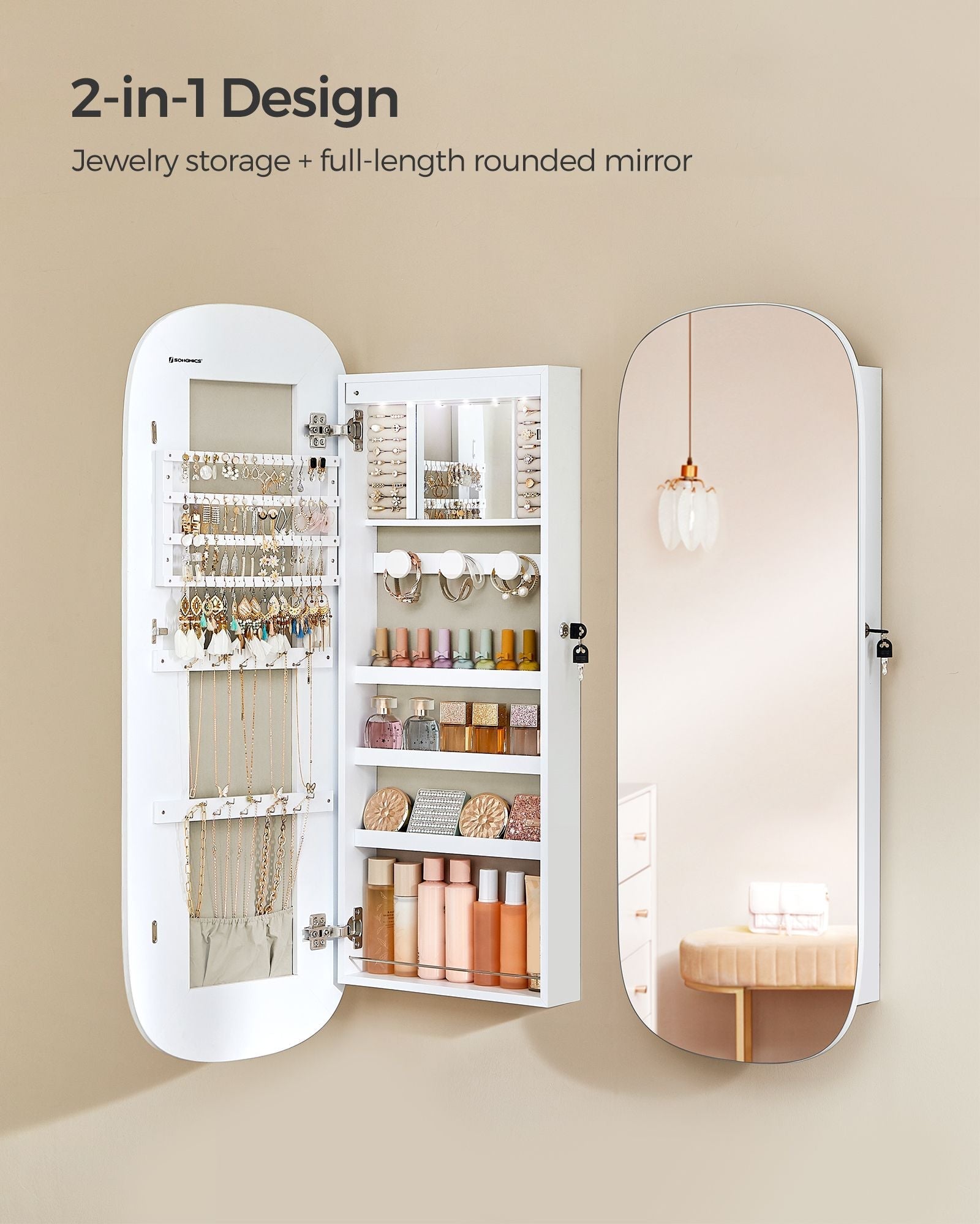 LED Mirror Jewellery Cabinet - MDF - White with Greige Lining - Lockable Wall/Door Mounted with Interior Mirror