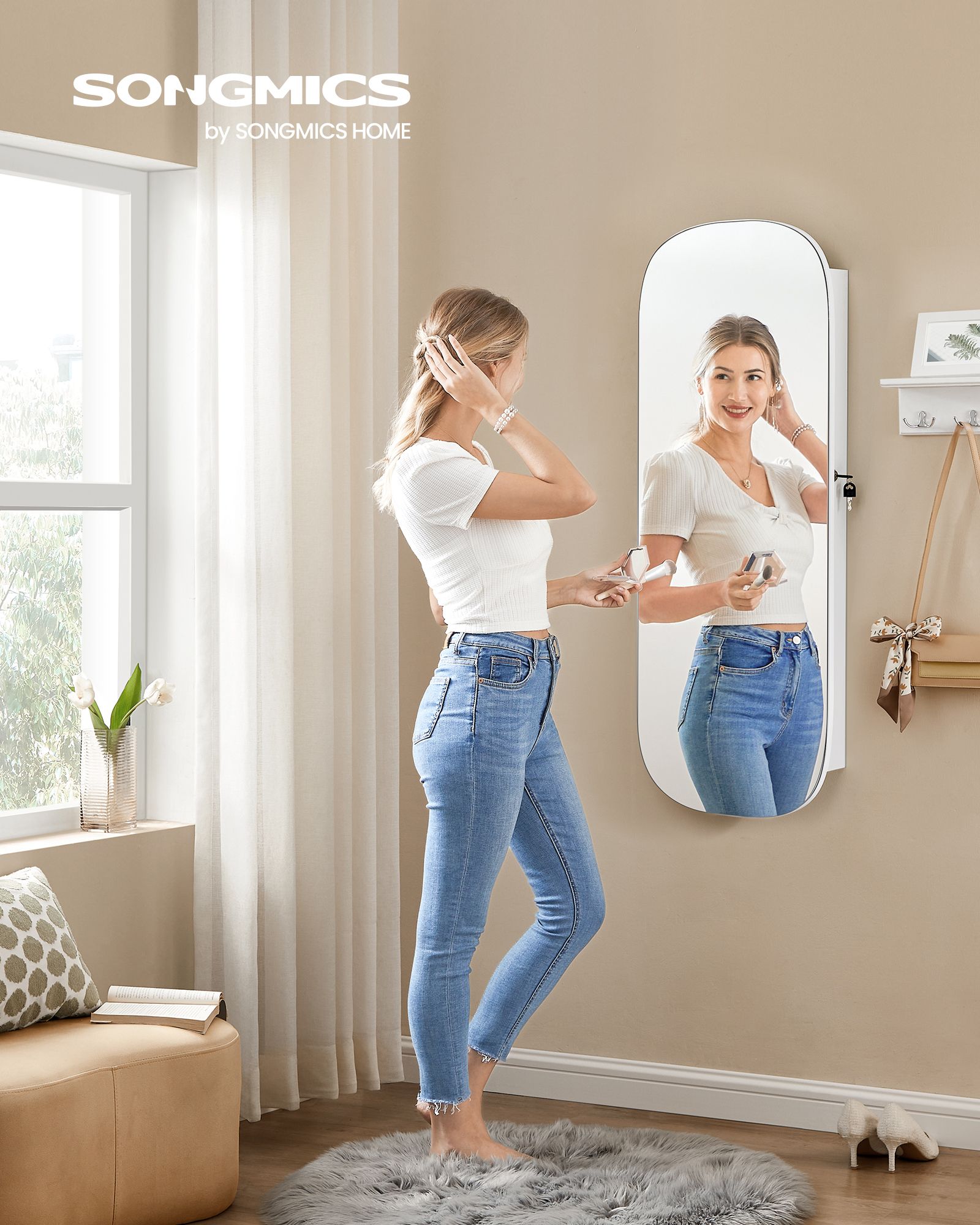 LED Mirror Jewellery Cabinet - MDF - White with Greige Lining - Lockable Wall/Door Mounted with Interior Mirror
