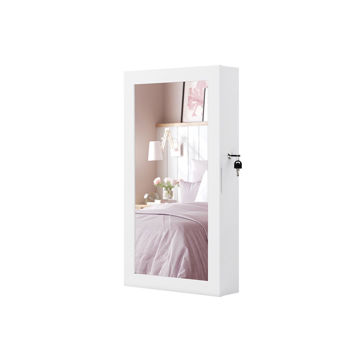 Wall-Mounted Jewellery Cabinet - Wood - White - Lockable with Mirror and Storage