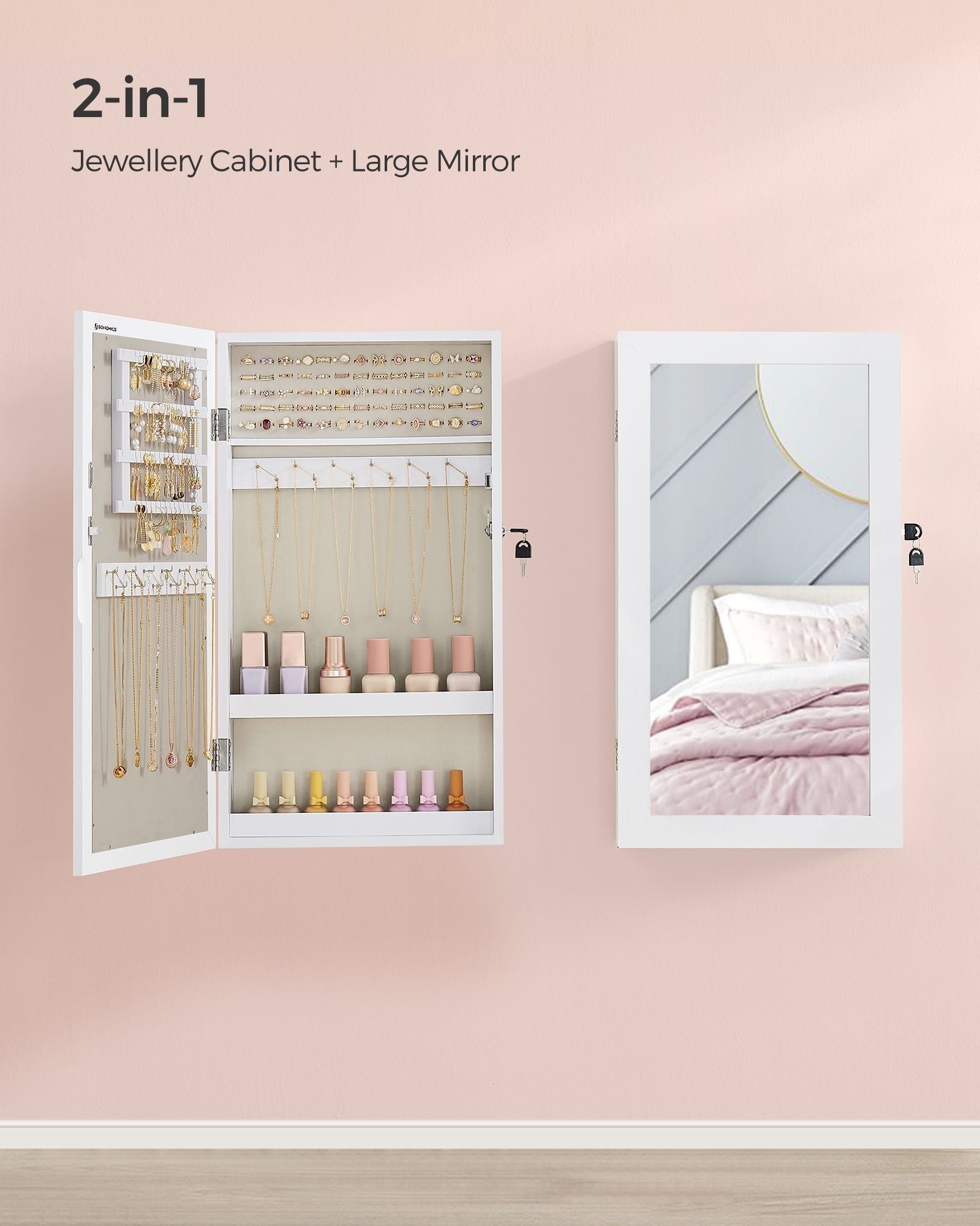 Wall-Mounted Jewellery Cabinet - Wood - White - Lockable with Mirror and Storage