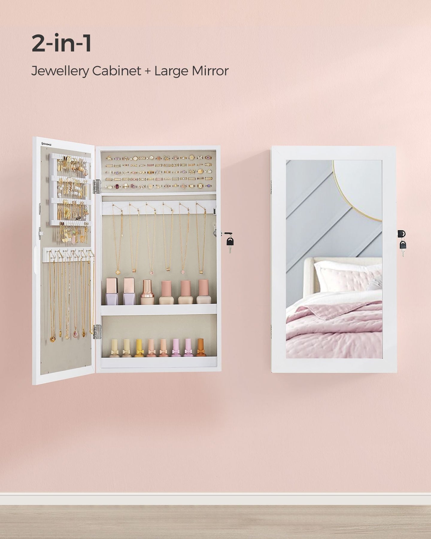 Wall-Mounted Jewellery Cabinet - Wood - White - Lockable with Mirror and Storage